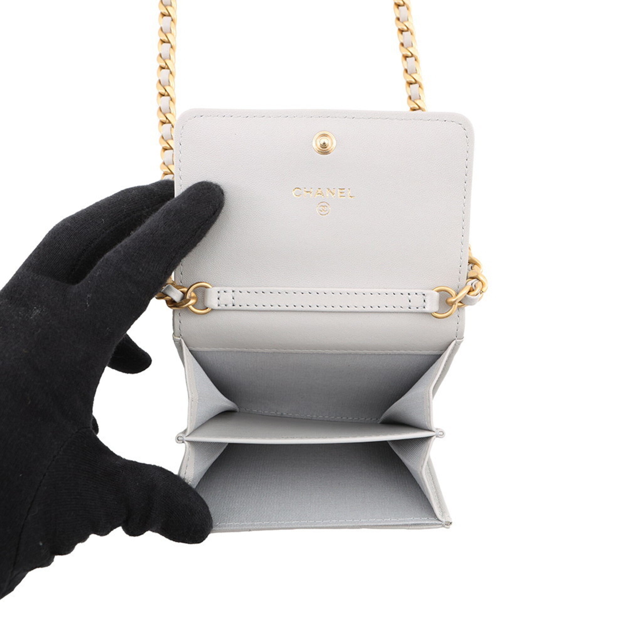 Chanel Gray Leather Chain/Shoulder Wallet (Pre-Owned)