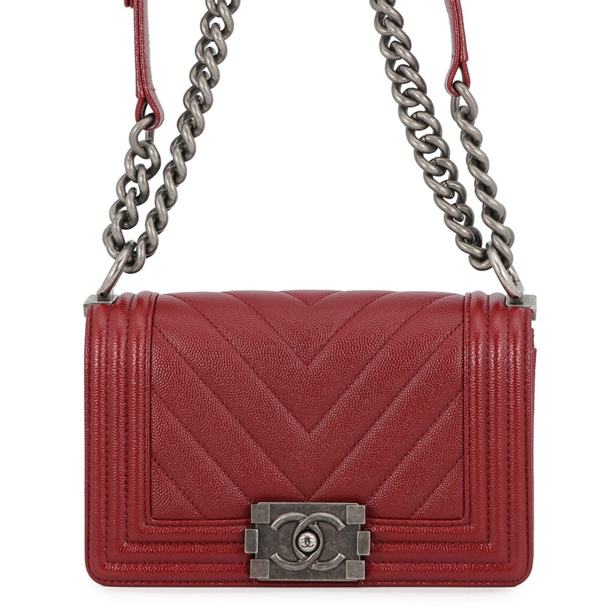 Chanel Boy Chanel Red Color Grained Calfskin Handbag Shoulder Bag (Pre-Owned)