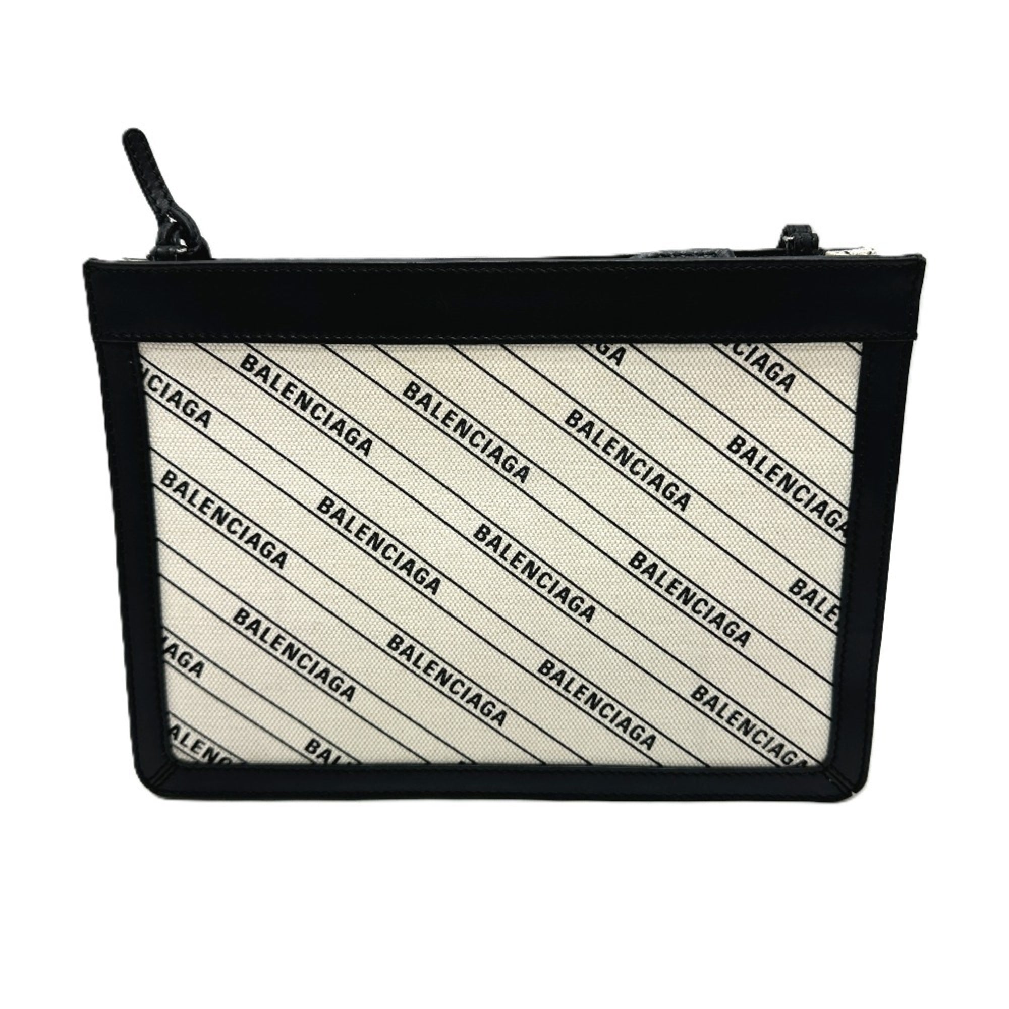 Balenciaga Black White Leather Canvas Pochette Shoulder Bag (Pre-Owned)