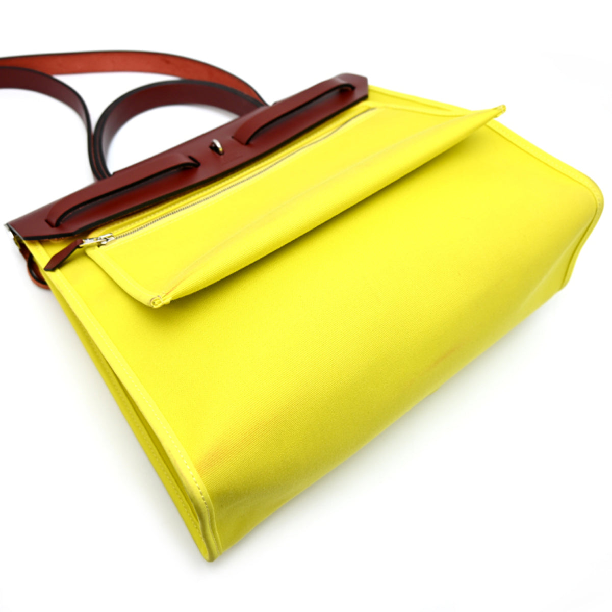 Hermes Yellow Toile Officier Leather Handbag (Pre-Owned)