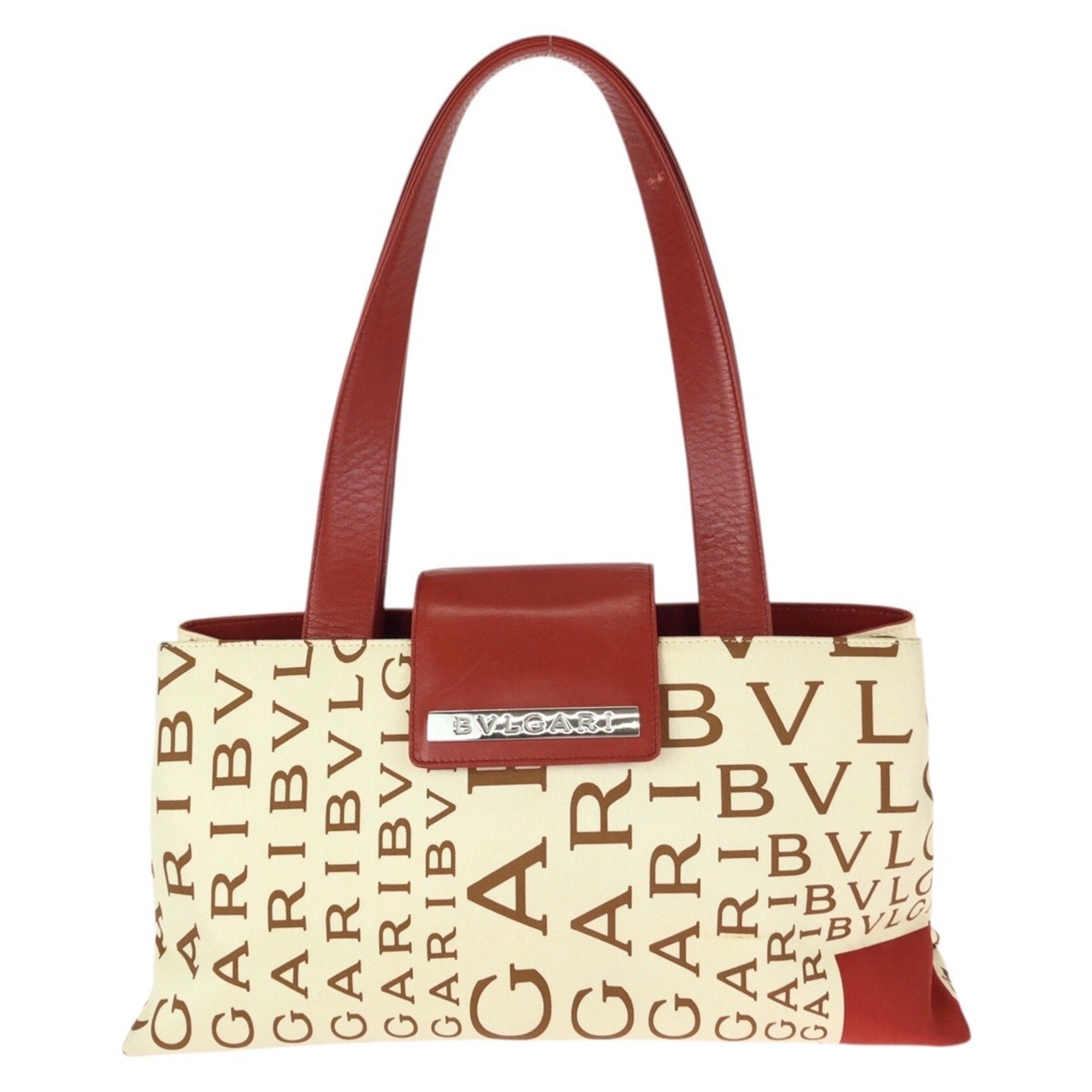 Bvlgari Ivory Red Color Canvas Leather Shoulder Bag Tote Bag (Pre-Owned)
