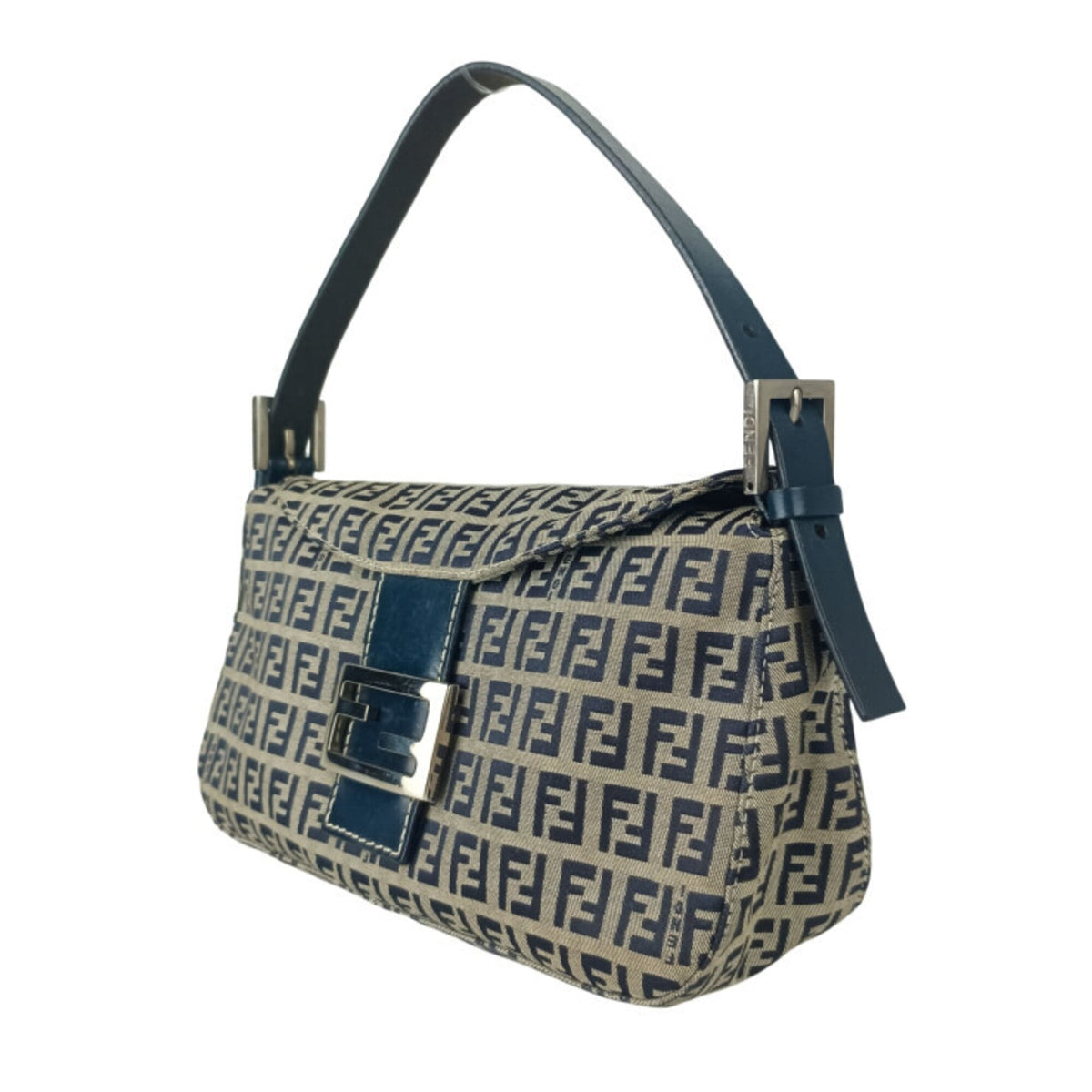 Fendi Zucca Gray Navy Canvas Leather Handbag Shoulder Bag (Pre-Owned)