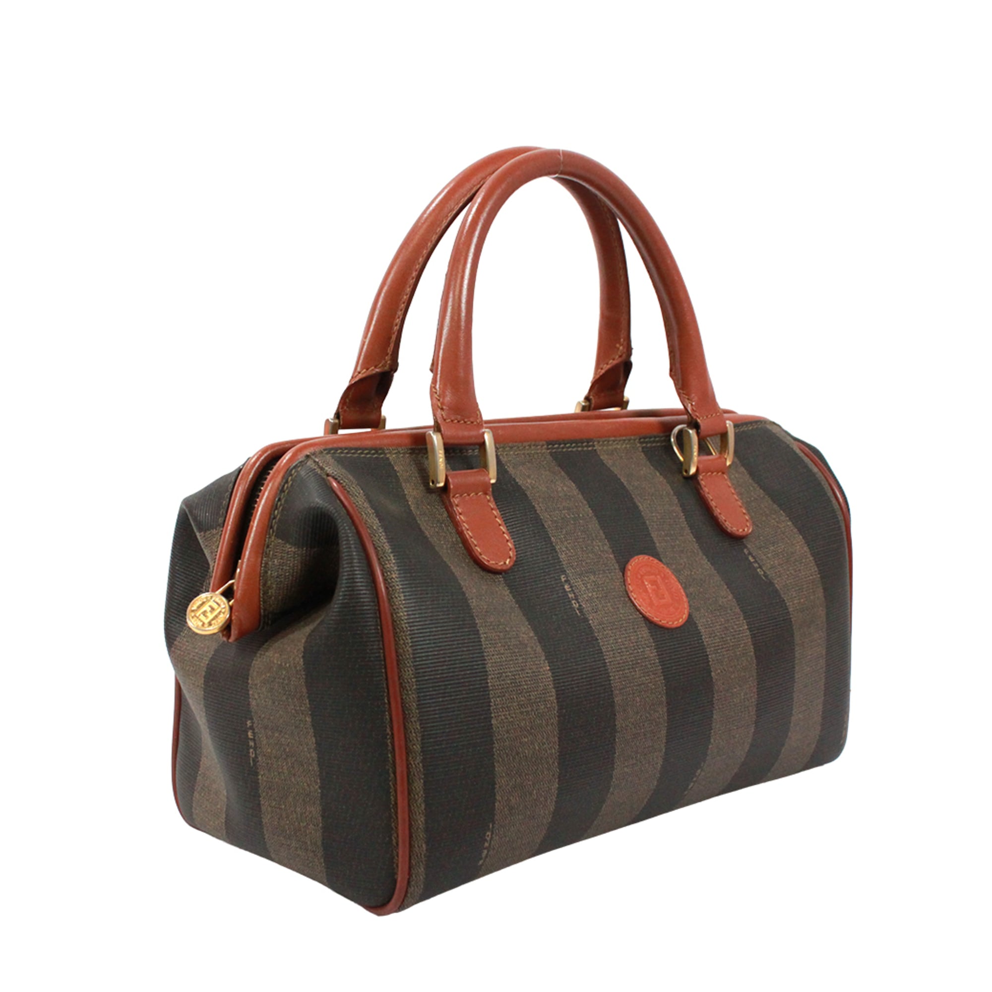 Fendi Black Brown Khaki Pvc Leather Boston Bag Handbag (Pre-Owned)