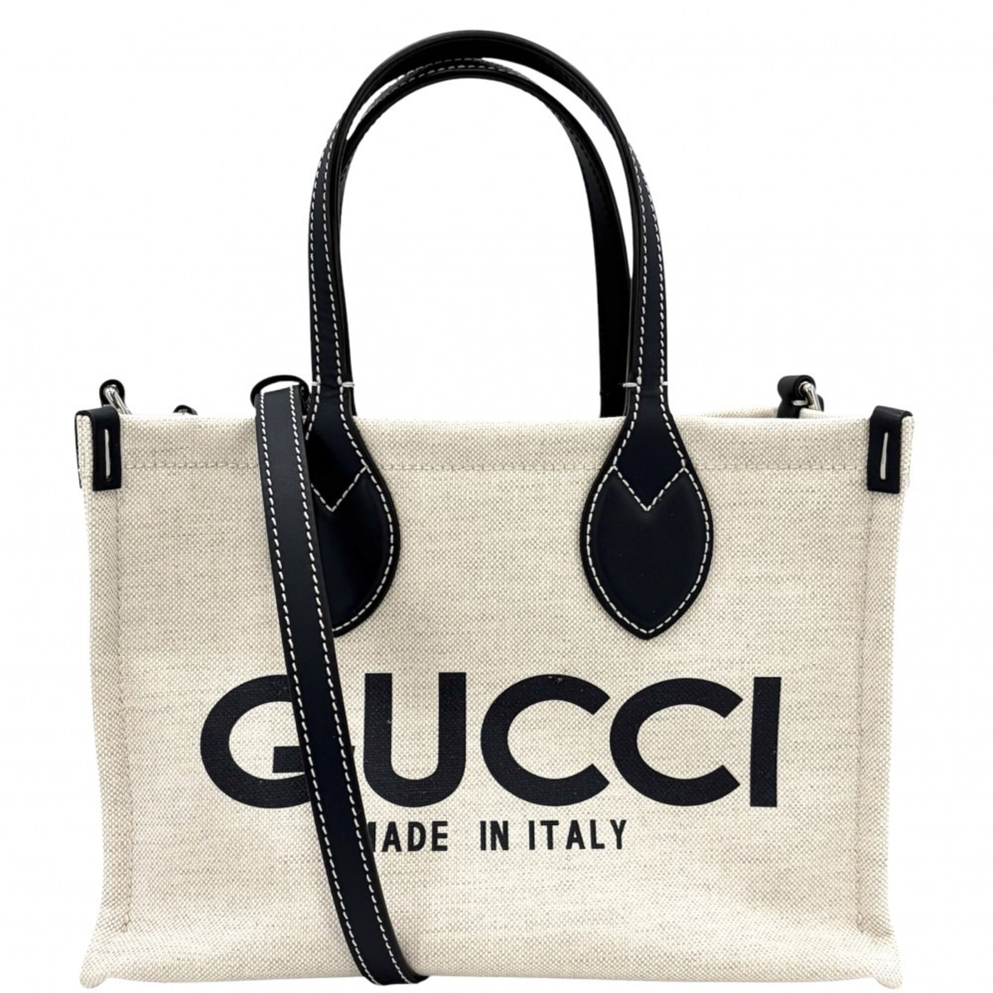 Gucci Beige Navy Canvas Leather Handbag Shoulder Bag (Pre-Owned)