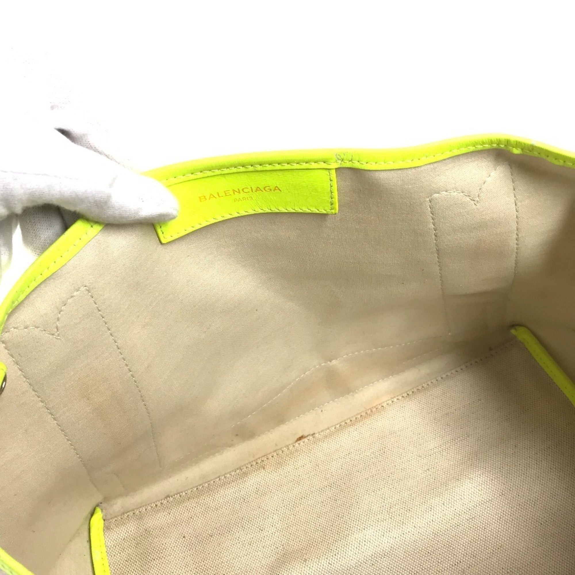 Balenciaga White Yellow Leather Canvas Handbag Tote Bag (Pre-Owned)