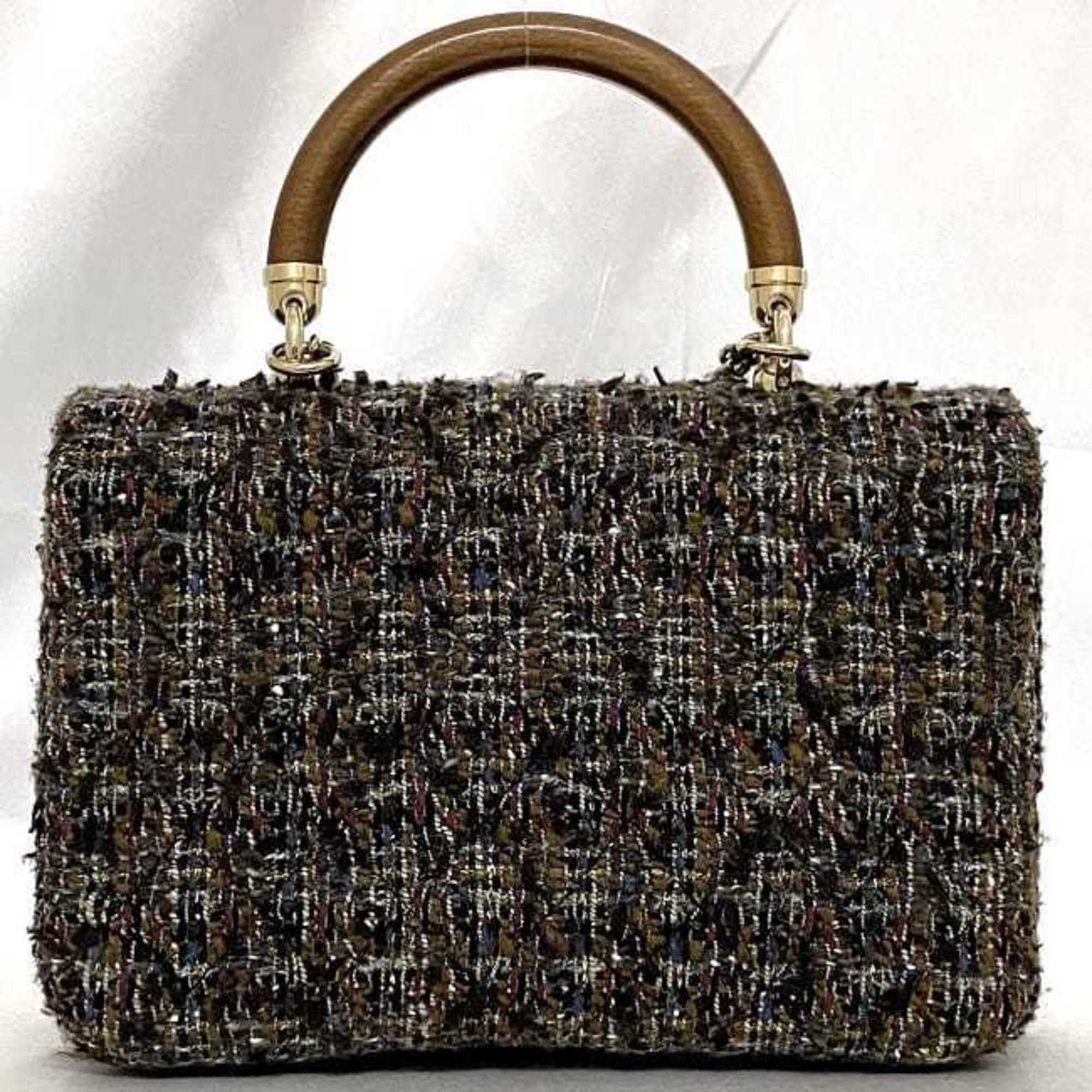 Chanel Brown Gray Tweed Wood Shoulder Bag (Pre-Owned)