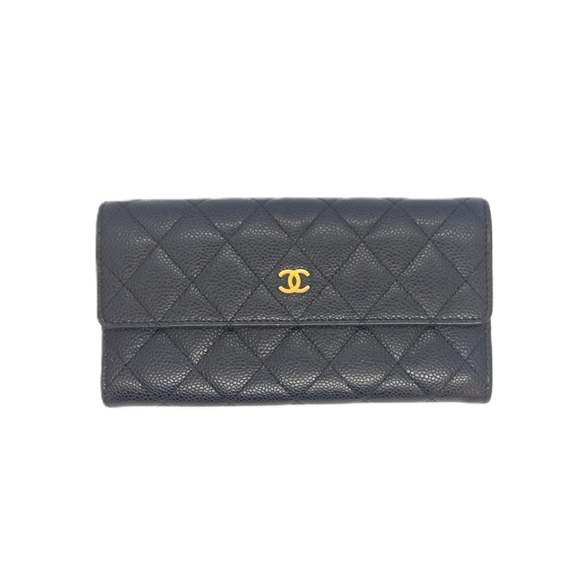 Chanel Black Grained Calfskin Long Wallet (Bi-Fold) (Pre-Owned)