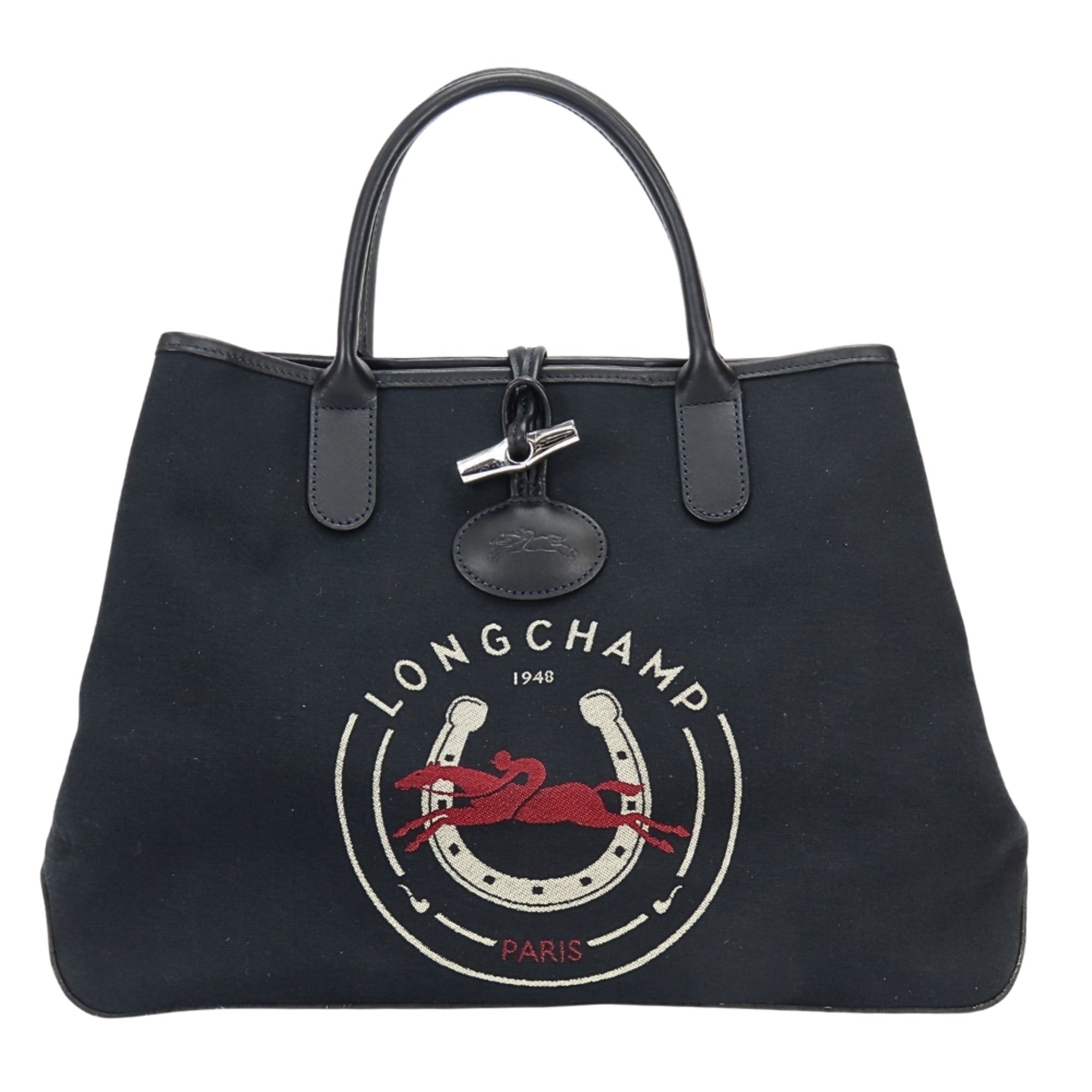 Longchamp Navy Canvas Leather Handbag (Pre-Owned)