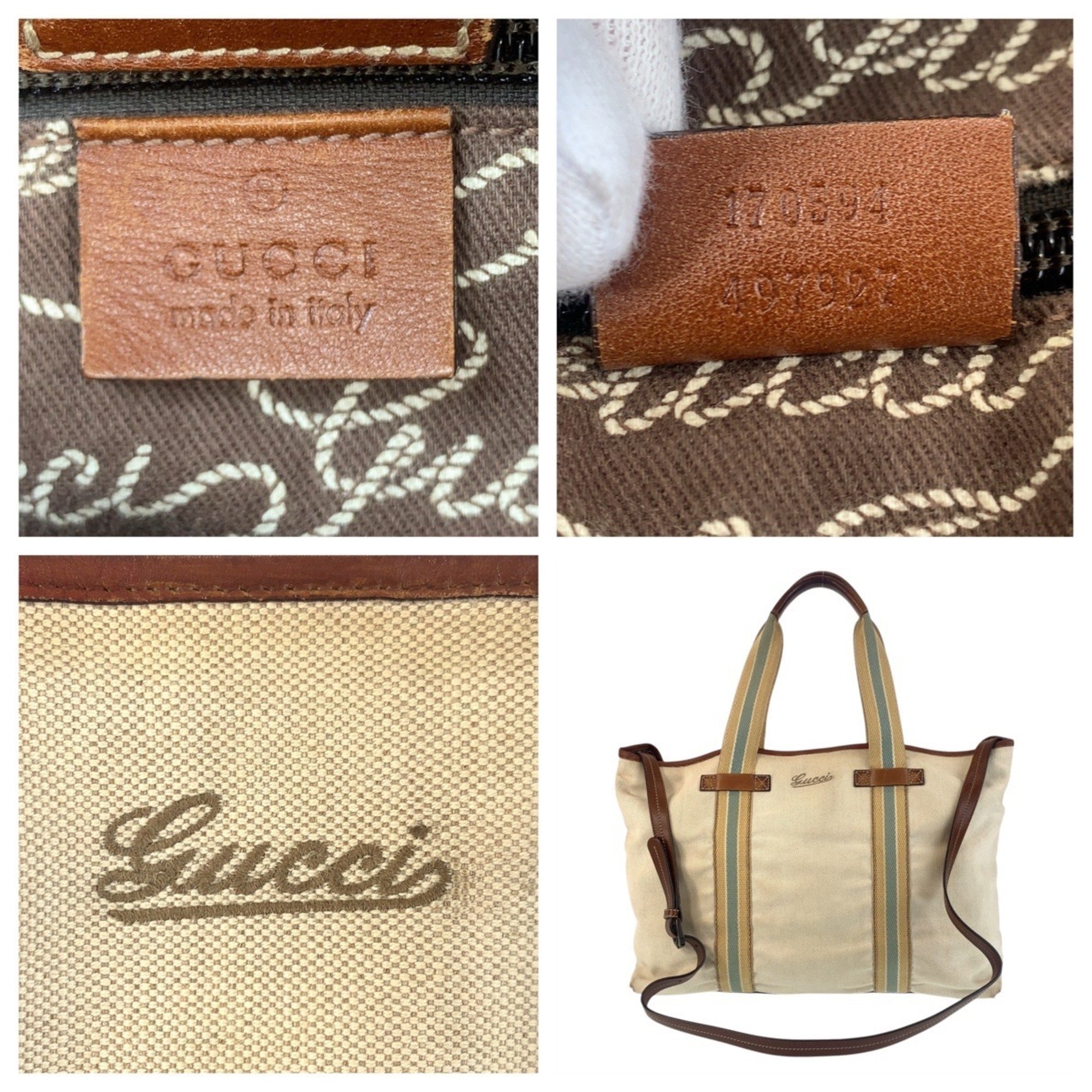 Gucci Beige Brown Canvas Leather Shoulder Bag Tote Bag (Pre-Owned)