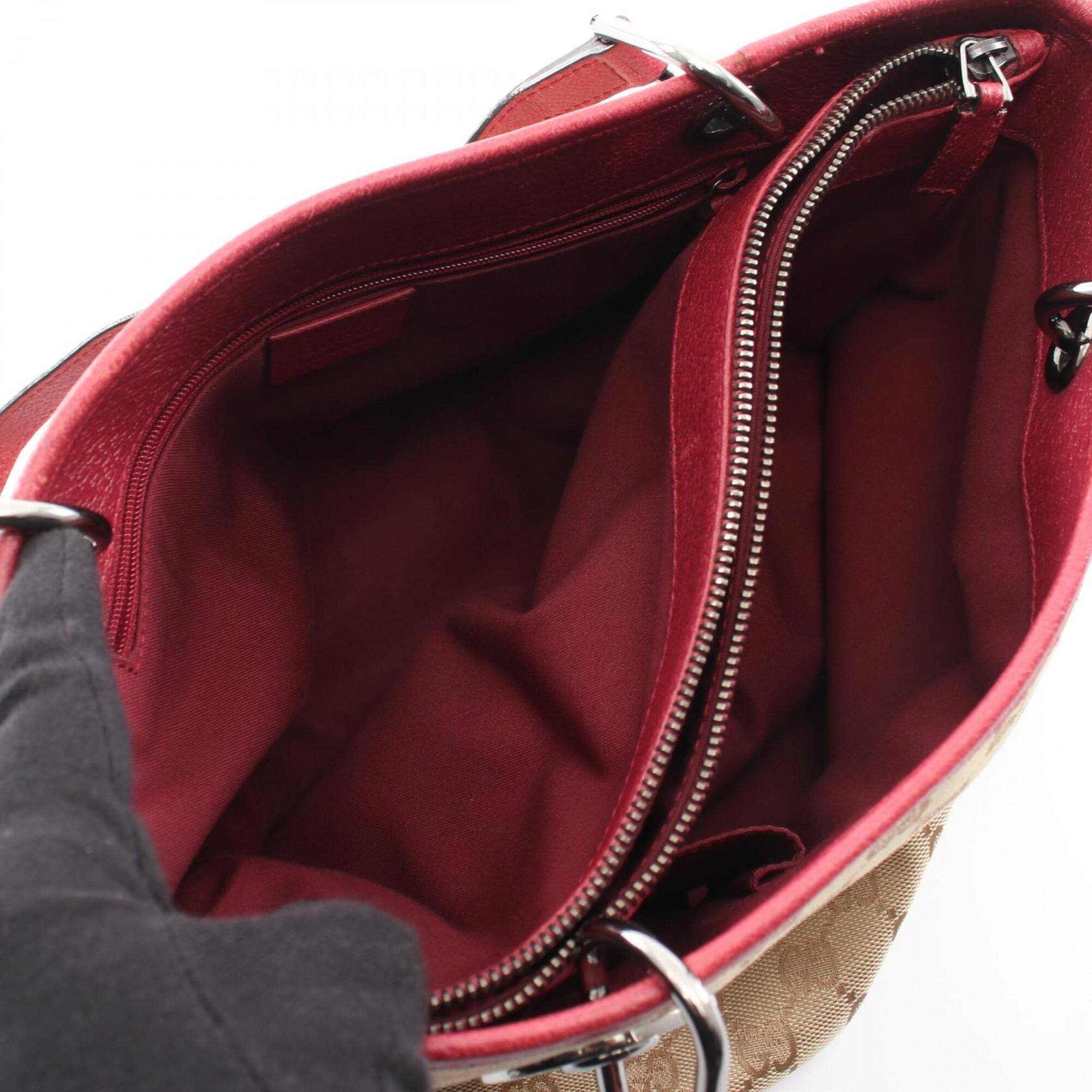 Gucci Beige Bordeaux Canvas Leather Handbag Tote Bag (Pre-Owned)