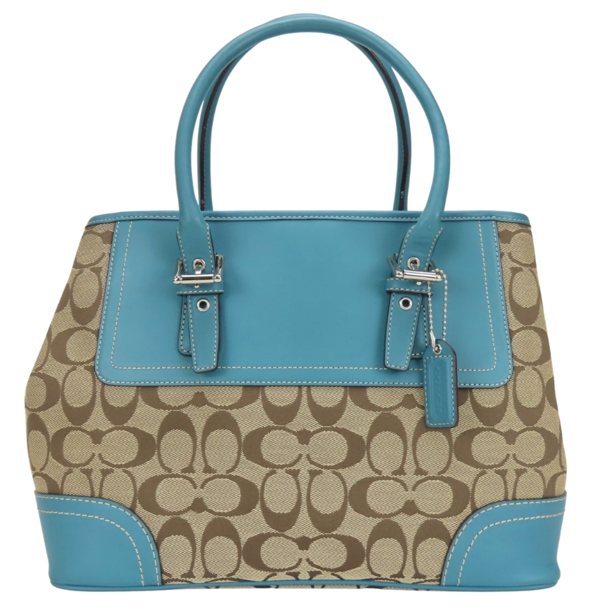 Coach Beige Blue Signature Line Canvas Leather Handbag (Pre-Owned)