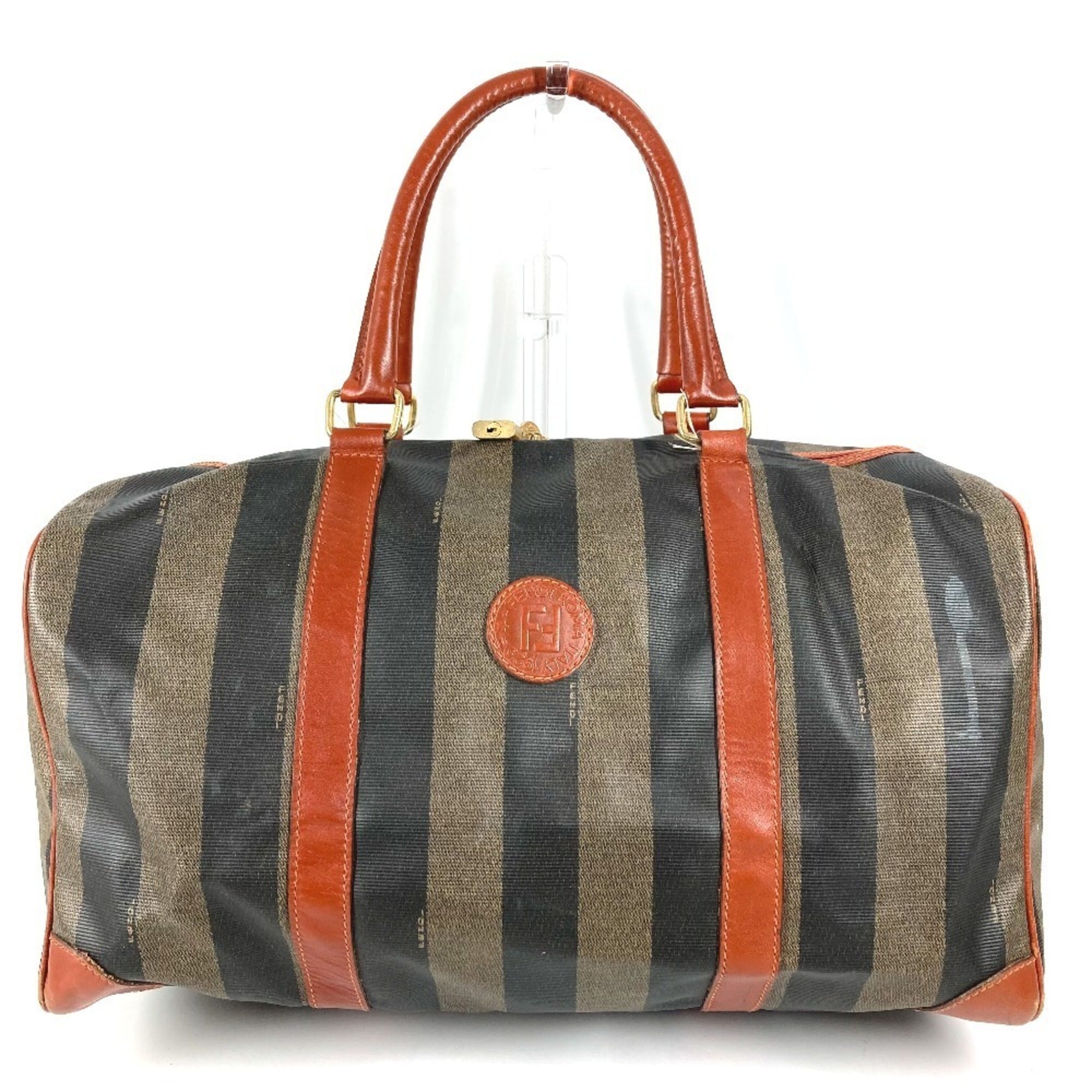 Fendi Brown Khaki Pvc Leather Boston Bag Handbag (Pre-Owned)