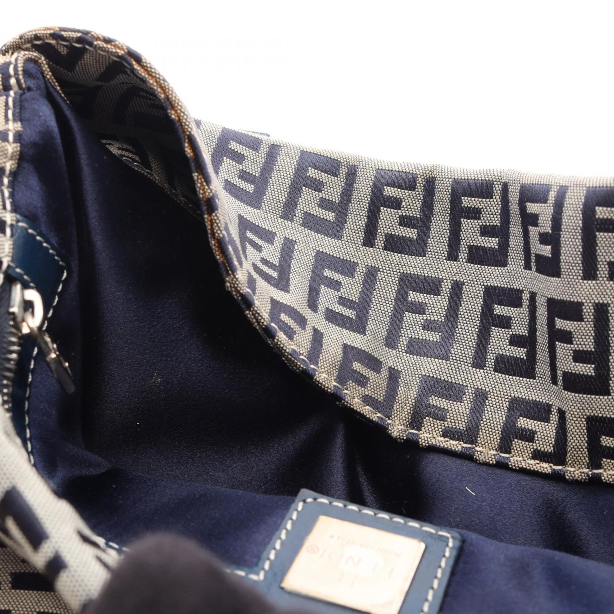Fendi Zucchino Gray Navy Canvas Leather Handbag Shoulder Bag (Pre-Owned)