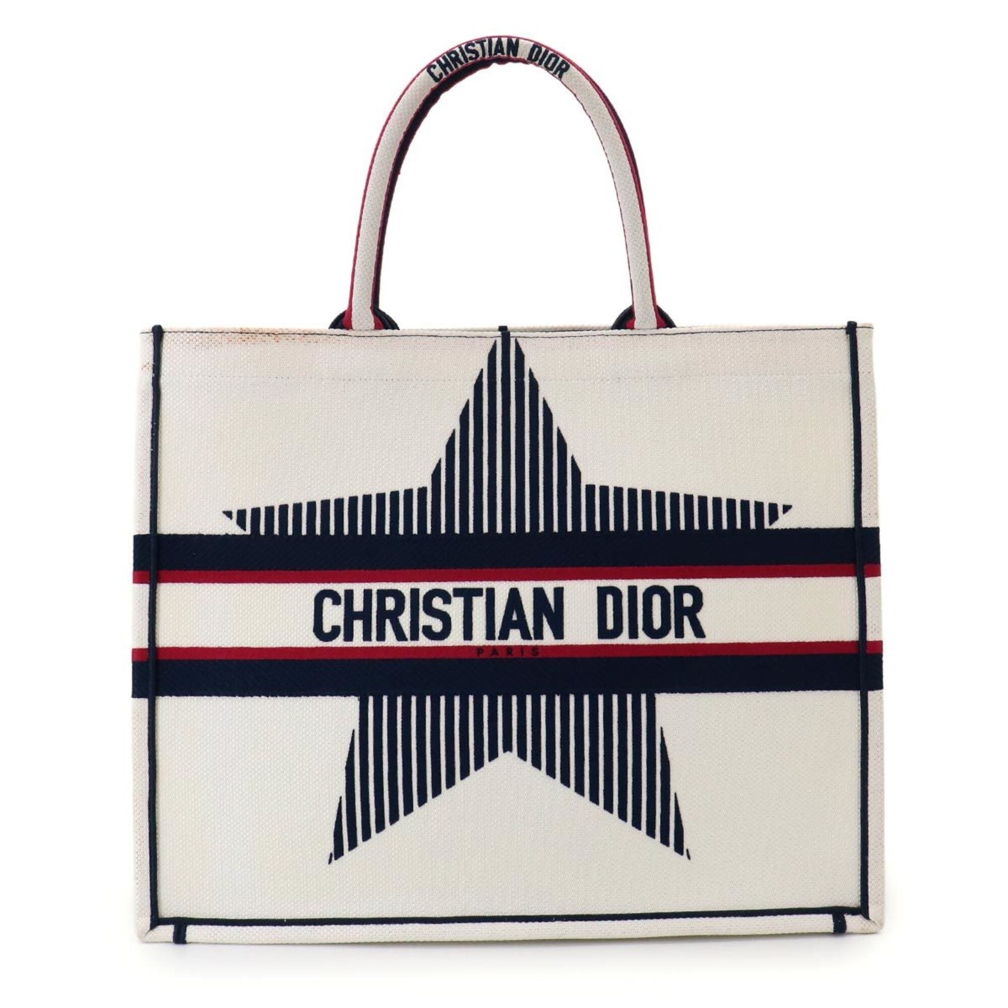 Christian Dior Navy Red Color White Canvas Handbag Tote Bag (Pre-Owned)