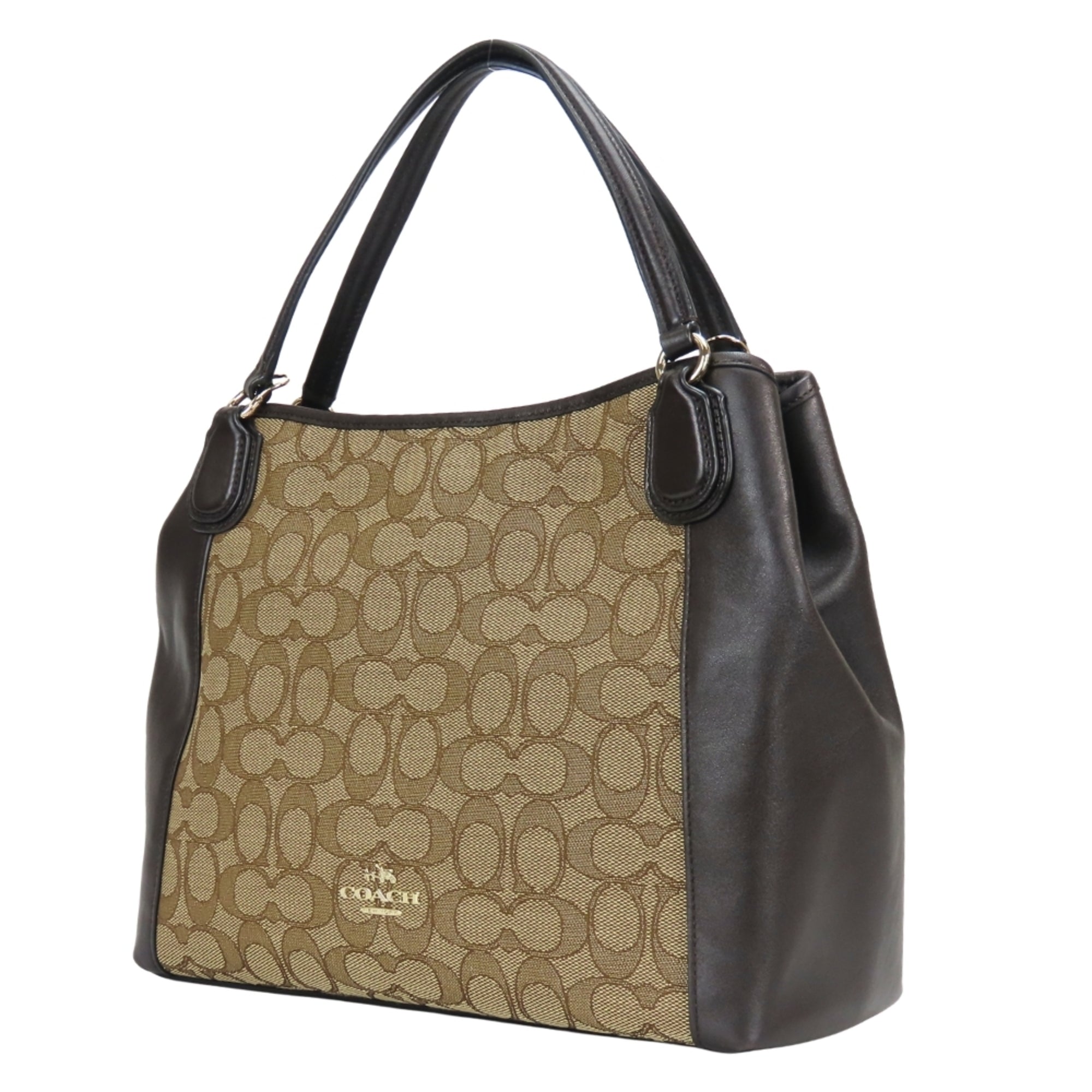 Coach Signature Beige Dark Brown Canvas Leather Tote Bag (Pre-Owned)