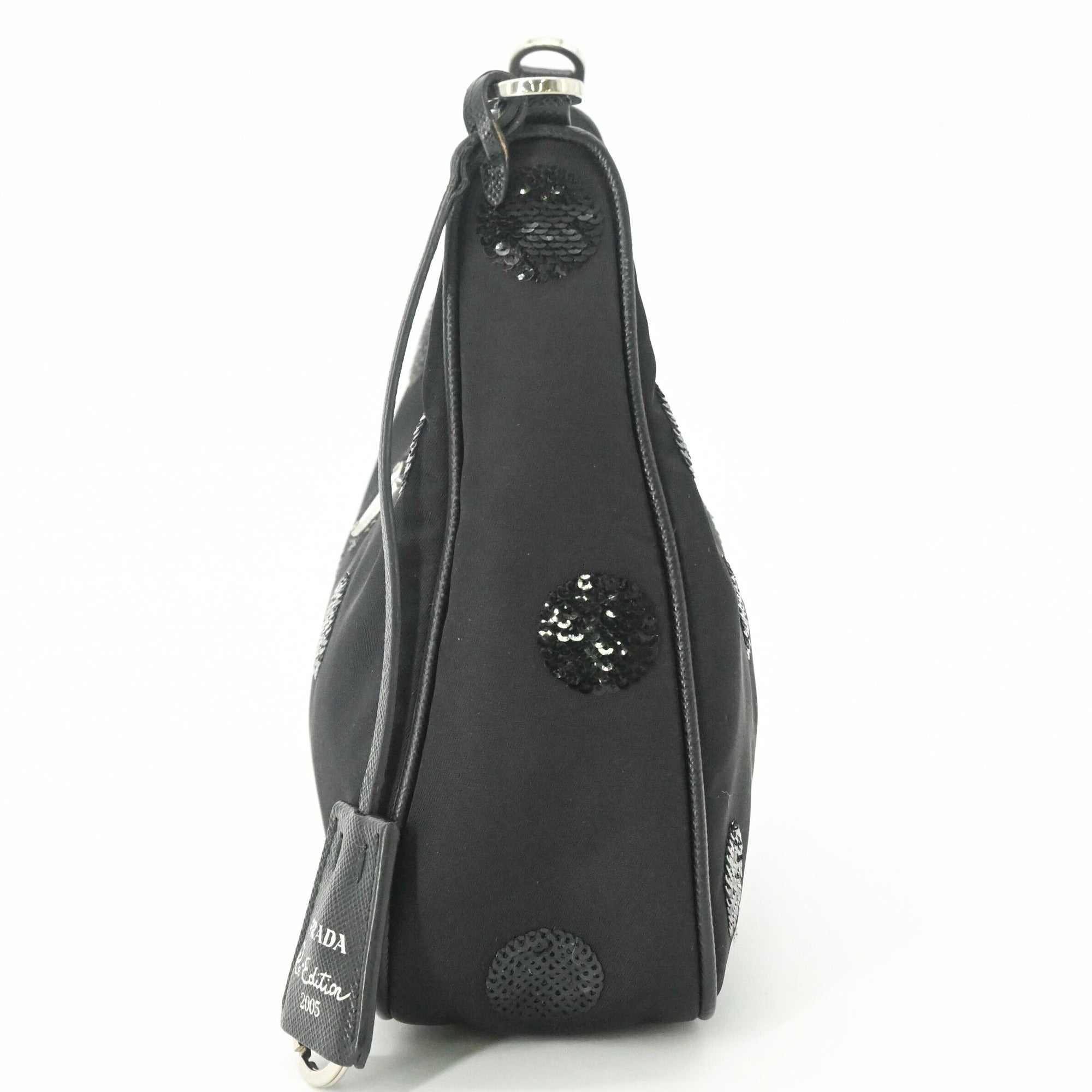 Prada Black Nylon Leather Spangles Handbag Shoulder Bag (Pre-Owned)