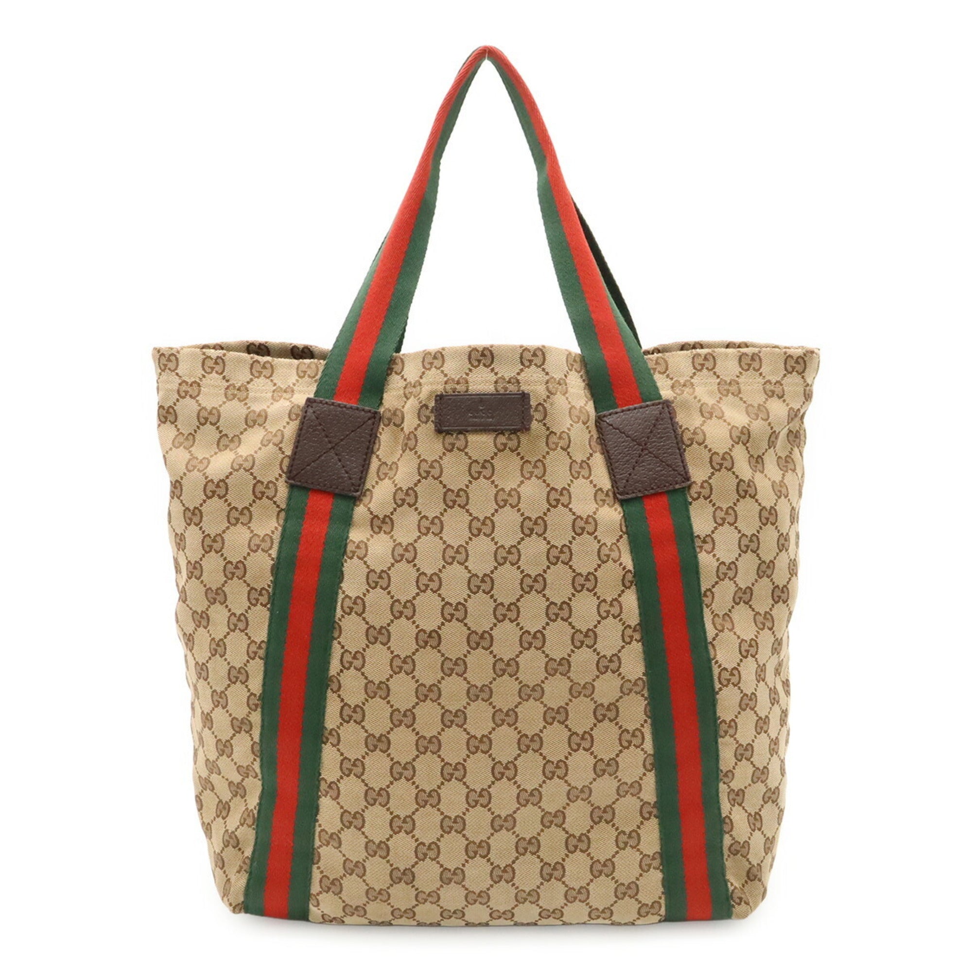 Gucci Beige Green Khaki Red Color Canvas Leather Shoulder Bag Tote Bag (Pre-Owned)