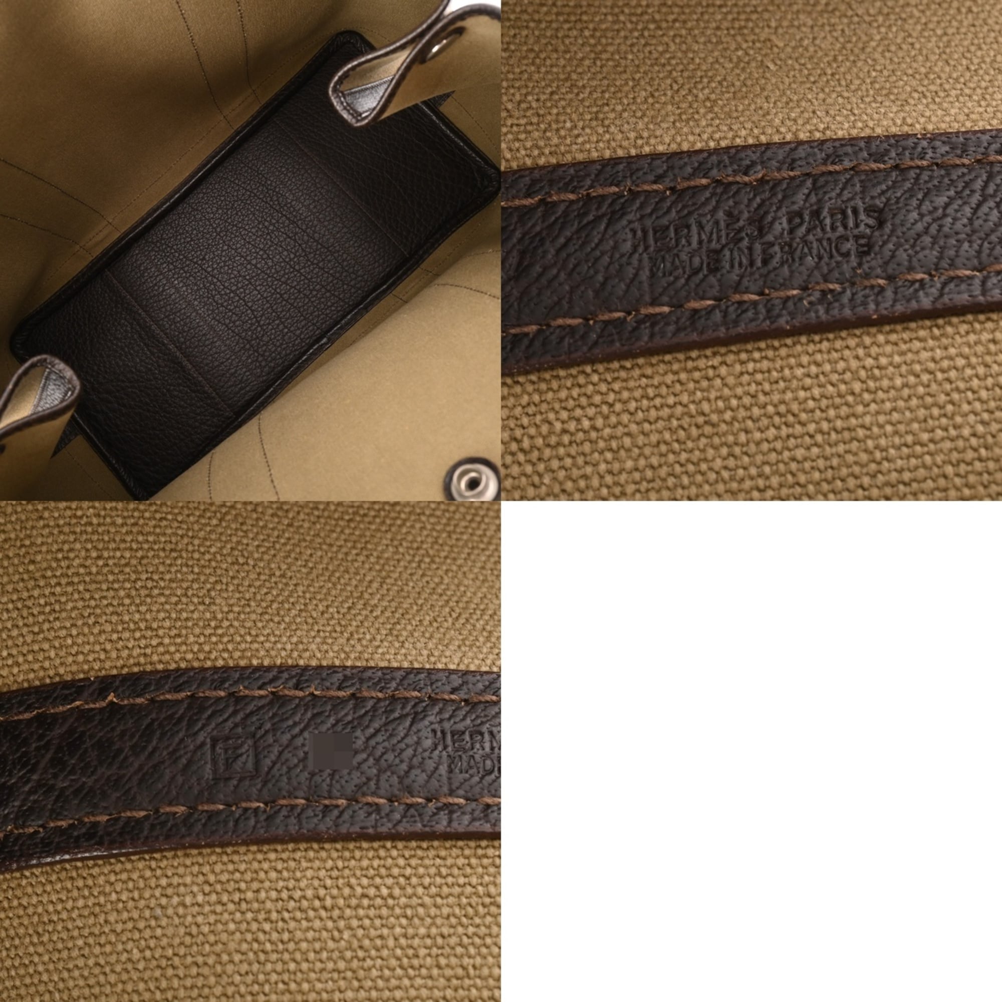 Hermes Garden Khaki Brown Toile Officier Leather Handbag (Pre-Owned)