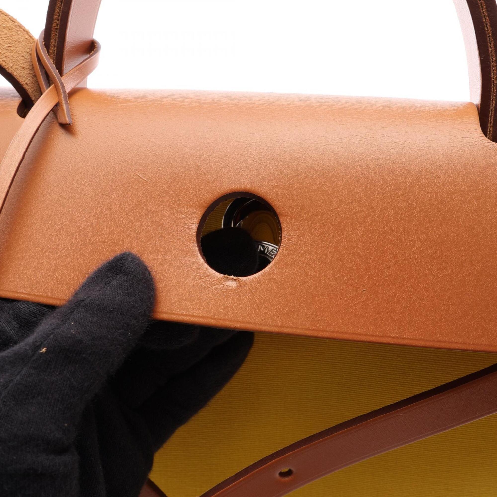 Hermes Brown Natural Yellow Canvas Leather Handbag (Pre-Owned)