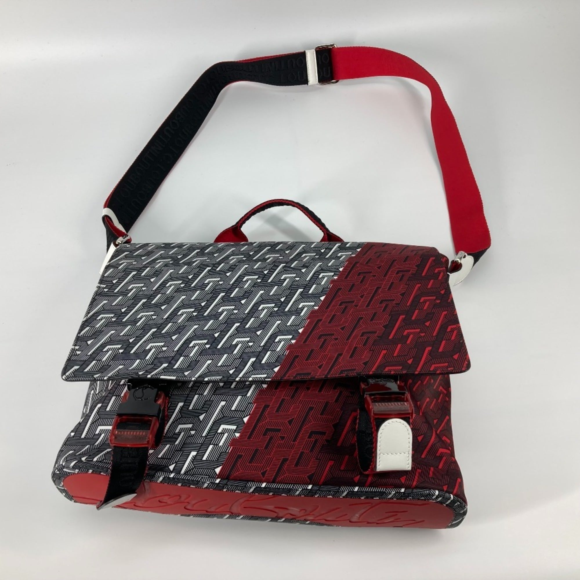 Christian Louboutin Black Red Color White Nylon Handbag Messenger Bag Shoulder Bag (Pre-Owned)