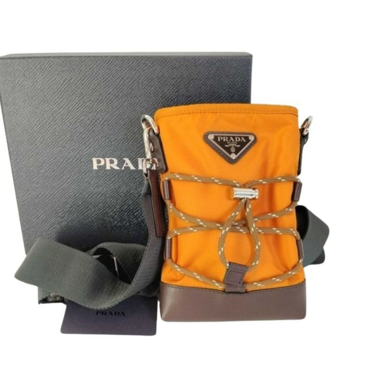 Prada Brown Orange Nylon Leather Shoulder Bag (Pre-Owned)