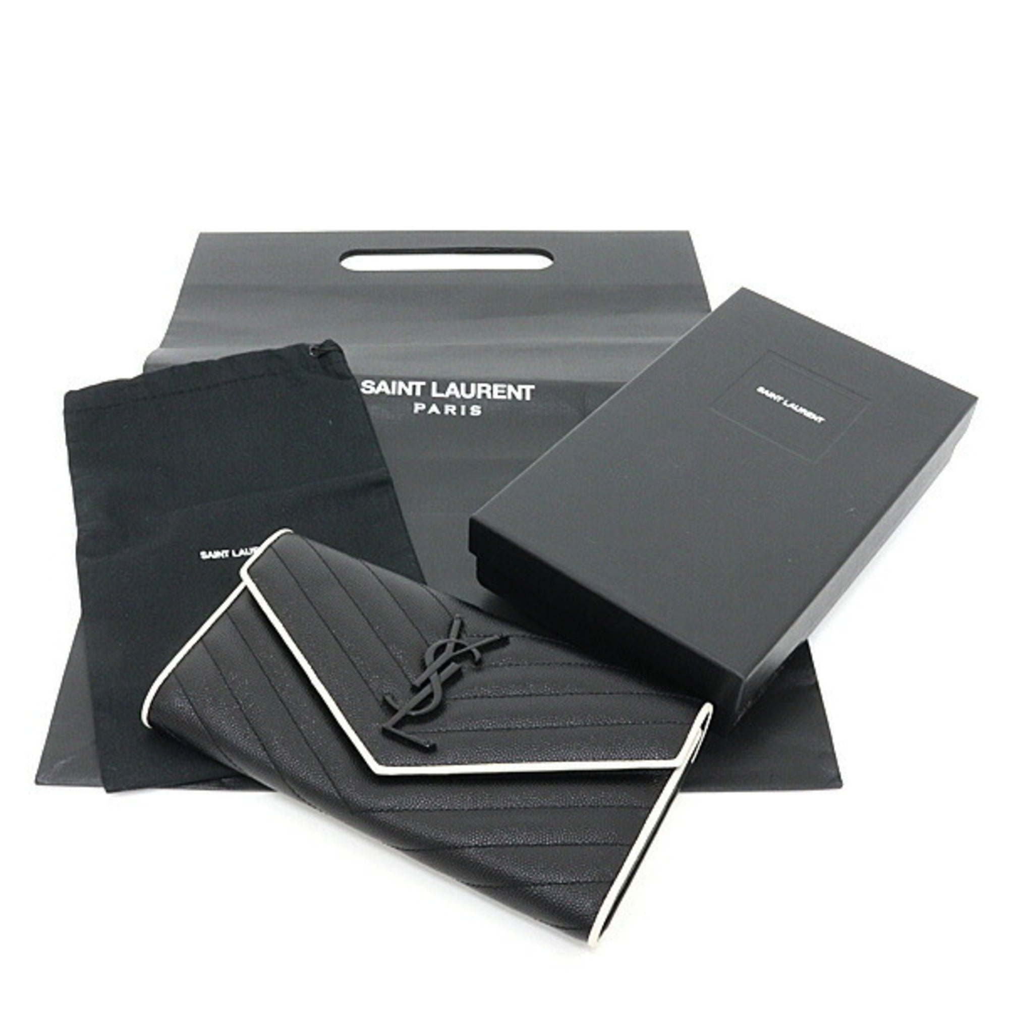 Saint Laurent Black White Leather Long Wallet (Bi-Fold) (Pre-Owned)