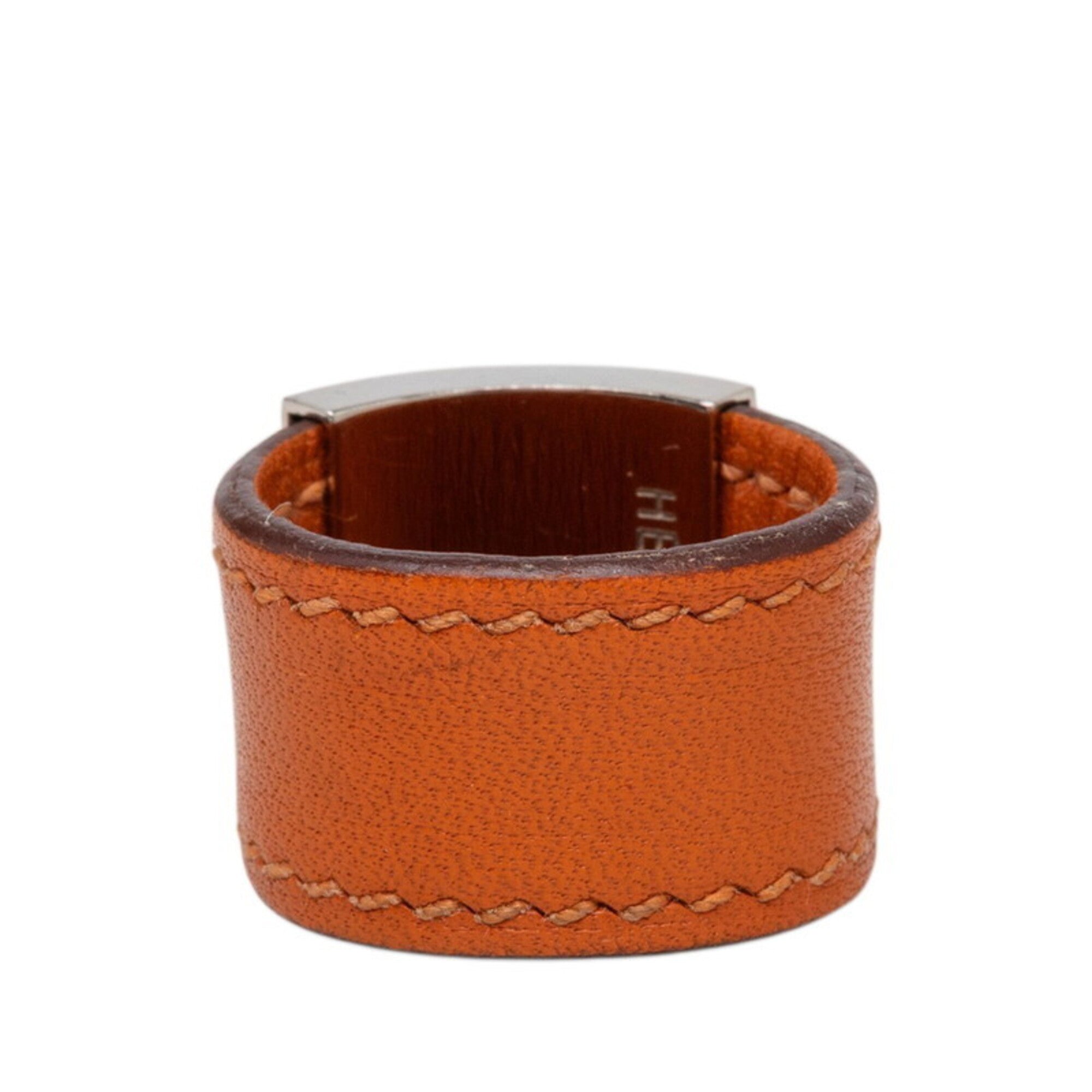 Hermes Silver Orange Leather Metal Band Ring (Pre-Owned)