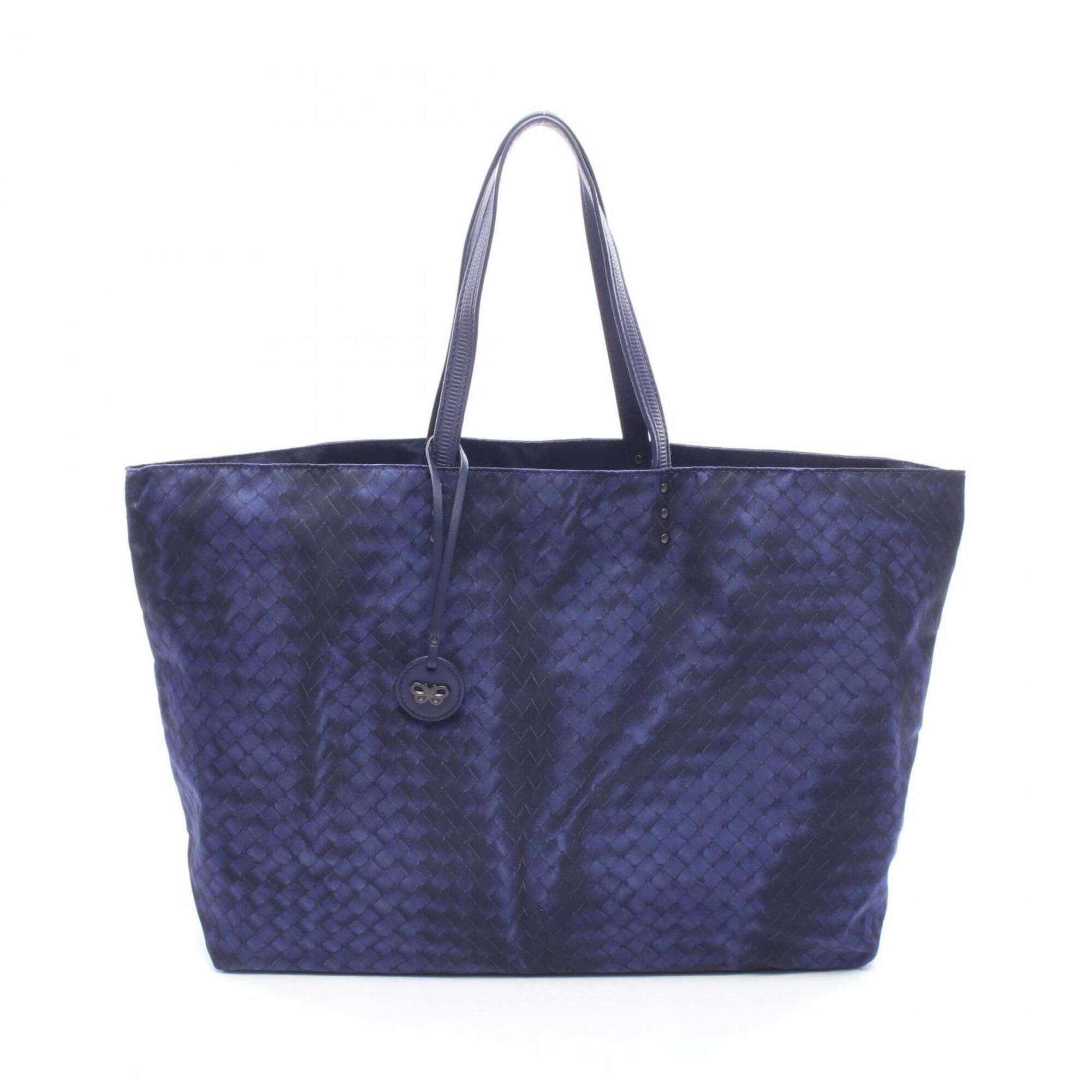 Bottega Veneta Blue Navy Nylon Leather Handbag Tote Bag (Pre-Owned)