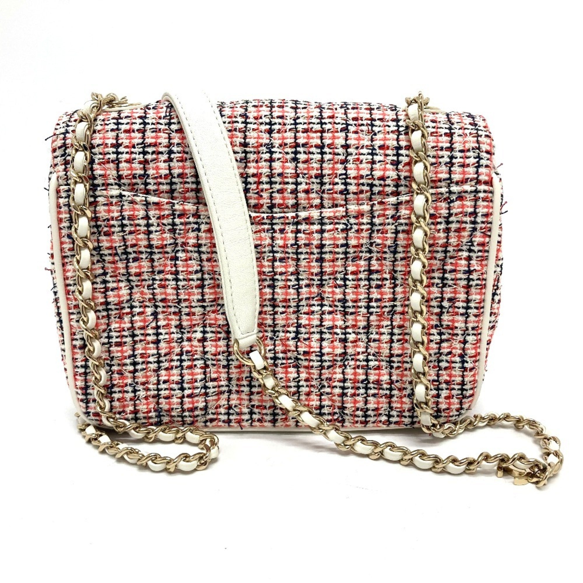Chanel Red Color White Tweed Leather Pochette Shoulder Bag (Pre-Owned)