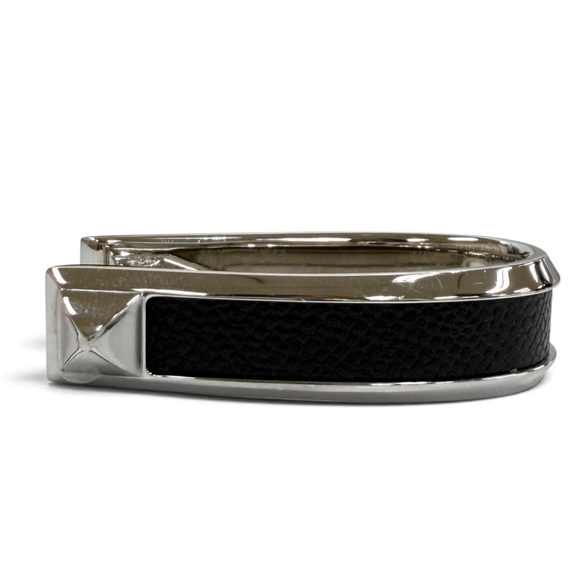 Hermes Silver Black Epsom Leather Metal Band Ring (Pre-Owned)