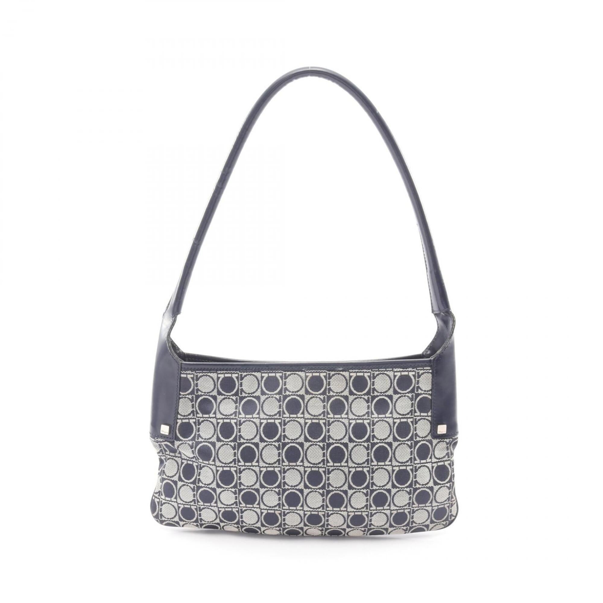 Salvatore Ferragamo Navy Canvas Leather Handbag Shoulder Bag (Pre-Owned)