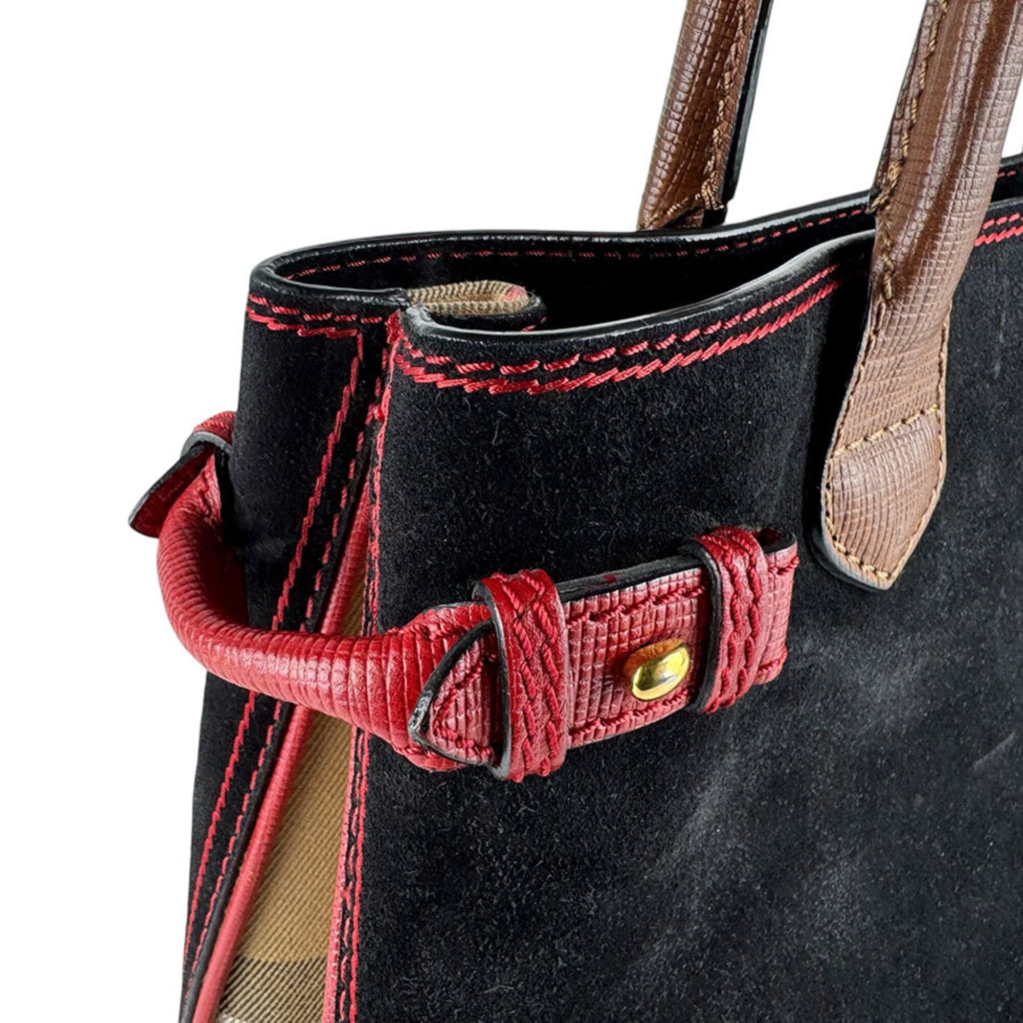 Burberry Black Brown Red Color Suede Leather Handbag Shoulder Bag (Pre-Owned)