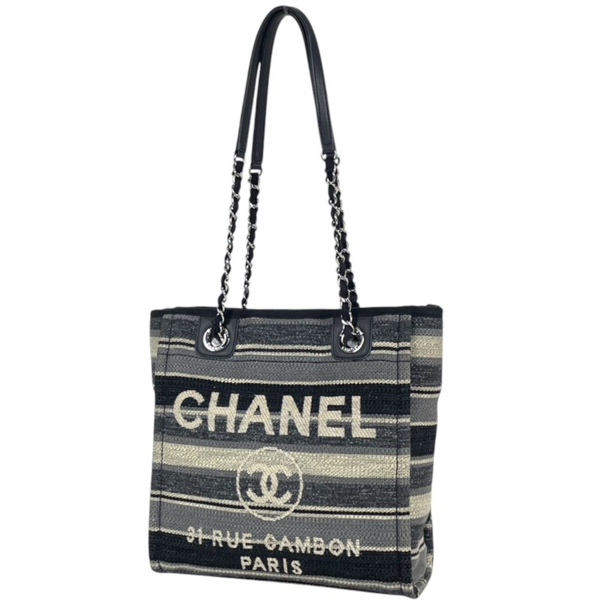 Chanel Black Gray Canvas Leather Tote Bag (Pre-Owned)