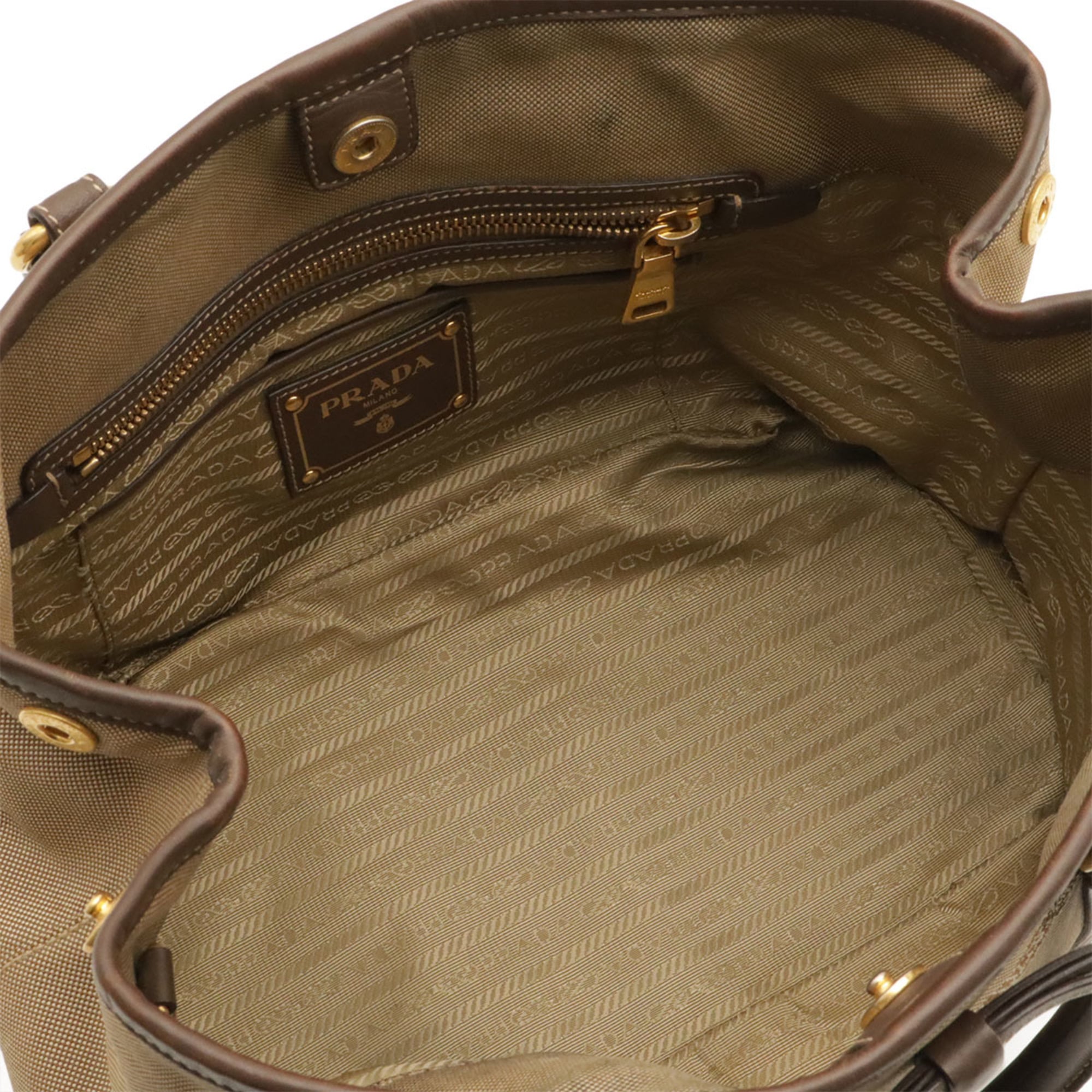 Prada Beige Brown Khaki Canvas Leather Handbag Shoulder Bag Tote Bag (Pre-Owned)