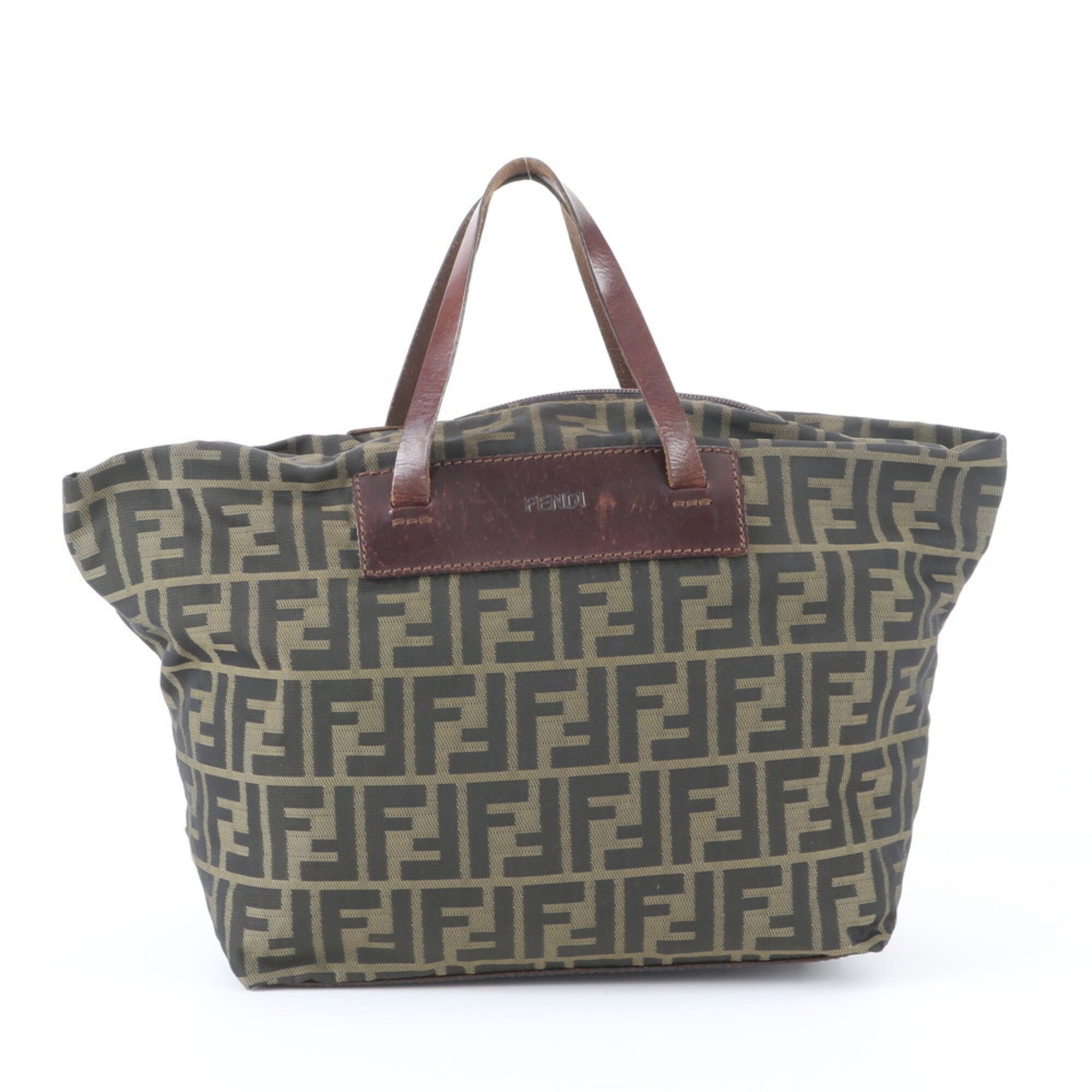 Fendi Zucca Brown Green Khaki Leather Nylon Handbag Tote Bag (Pre-Owned)