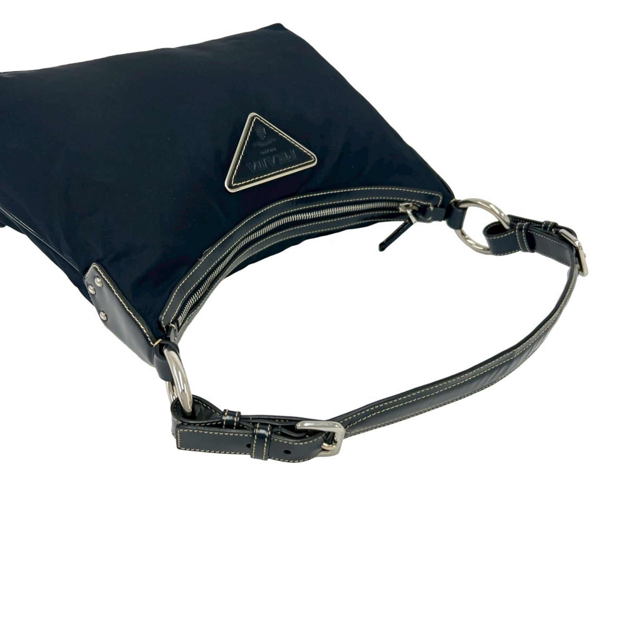 Prada Navy Nylon Leather Shoulder Bag Tote Bag (Pre-Owned)