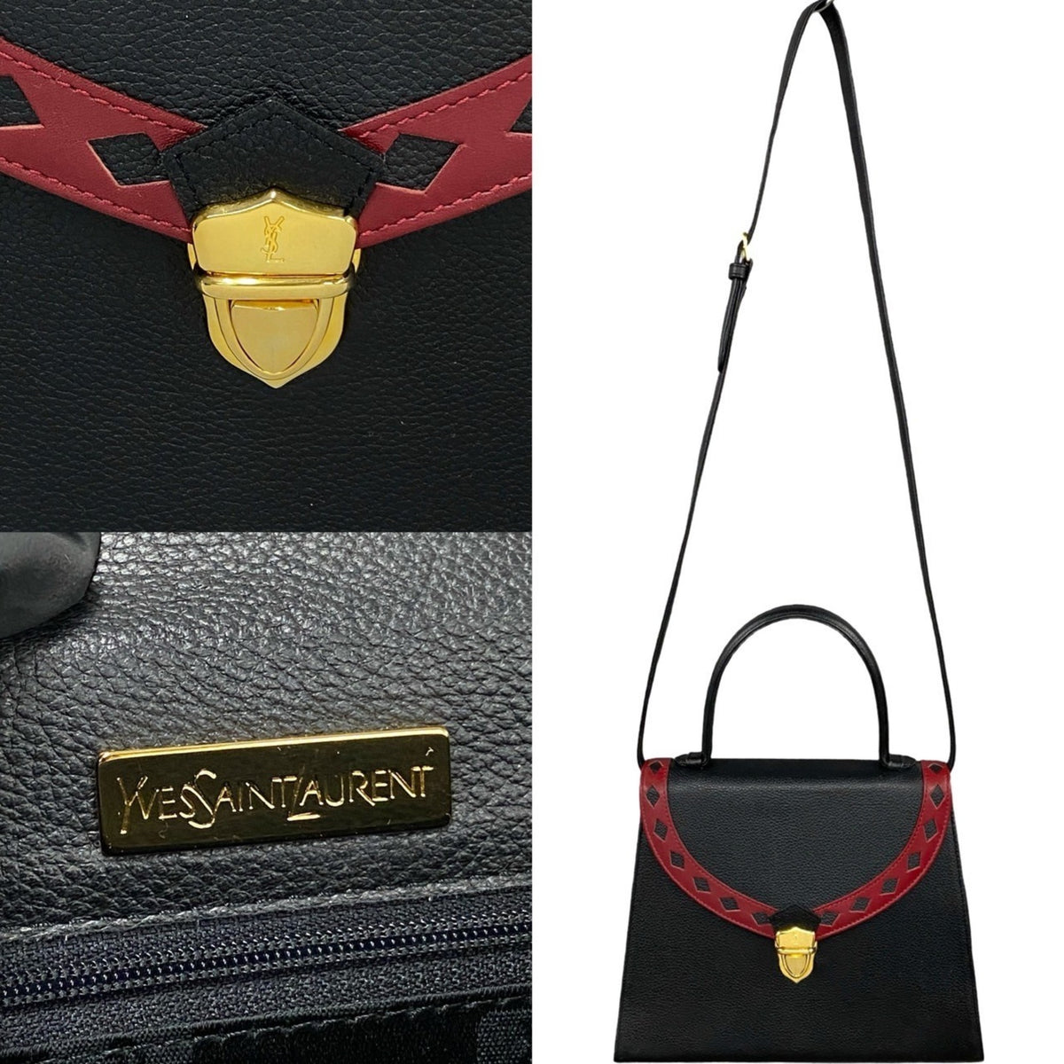 Yves Saint Laurent Black Red Color Leather Handbag Shoulder Bag (Pre-Owned)