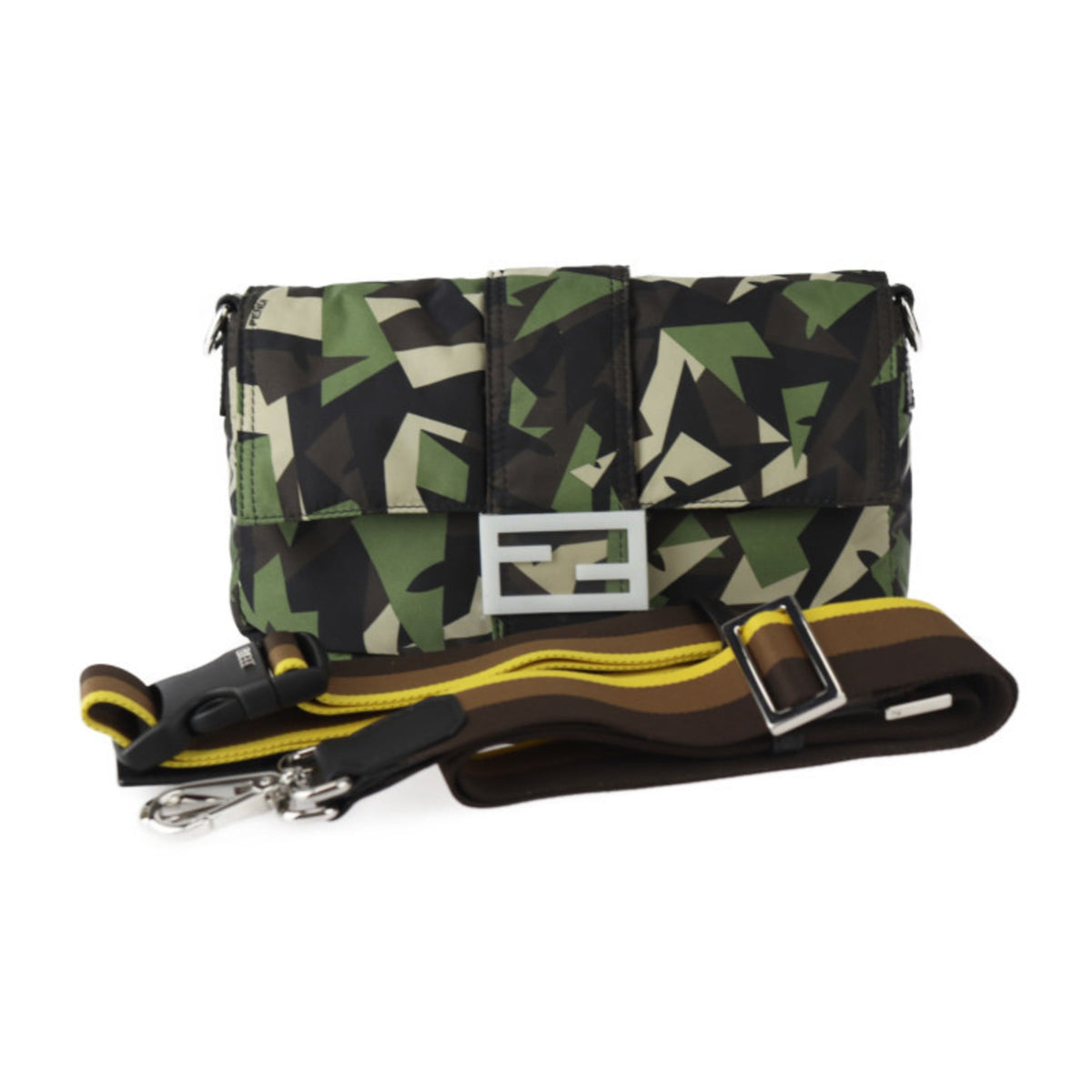 Fendi Beige Black Camouflage Green Nylon Leather Clutch Bag Fanny Pack Pouch Shoulder Bag (Pre-Owned)