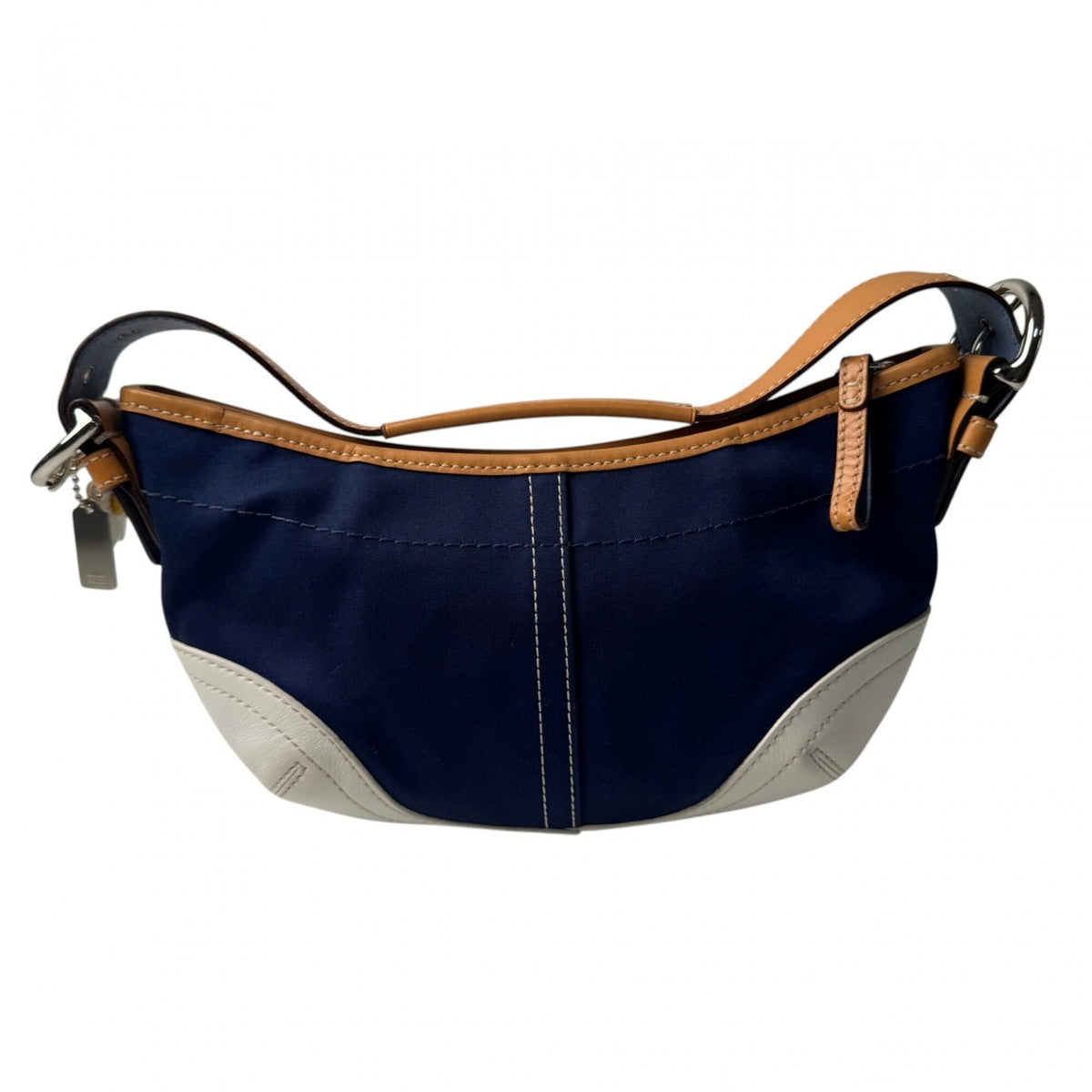 Coach Light Brown Navy White Canvas Leather Handbag (Pre-Owned)