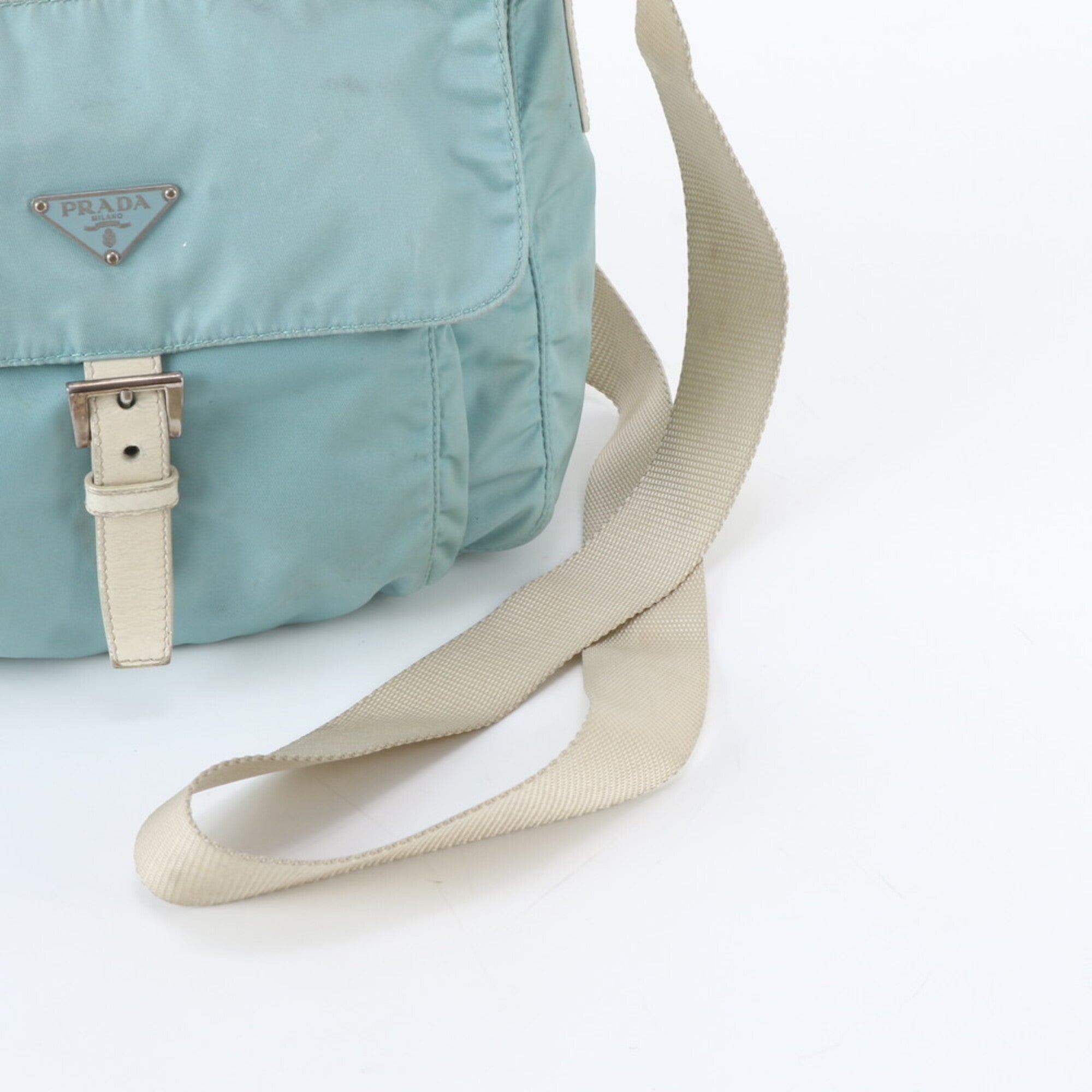 Prada Beige Blue Nylon Leather Shoulder Bag (Pre-Owned)