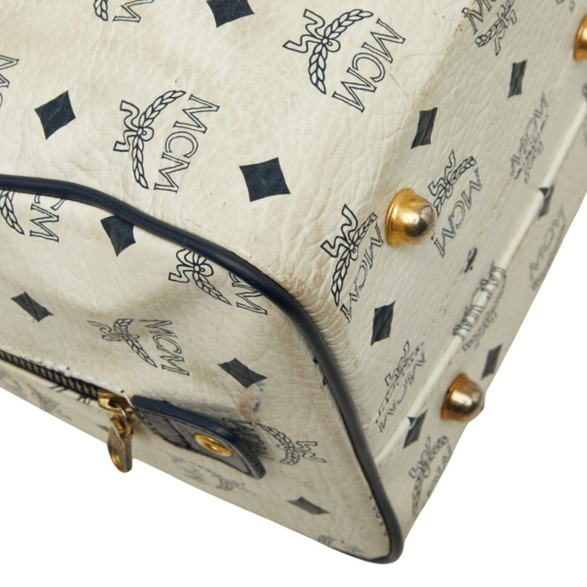 Mcm Gold Navy White Pvc Leather Boston Bag Handbag (Pre-Owned)