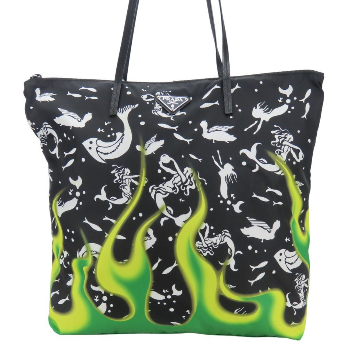 Prada Black Green Nylon Leather Tote Bag (Pre-Owned)