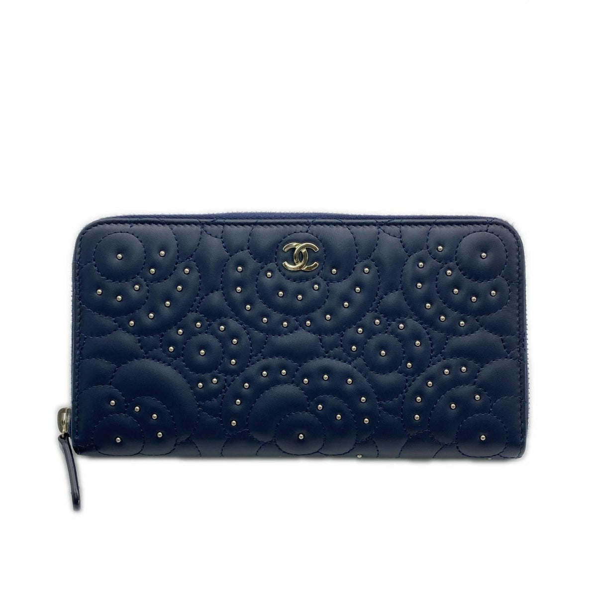 Chanel Camellia Navy Leather Long Wallet (Bi-Fold) (Pre-Owned)