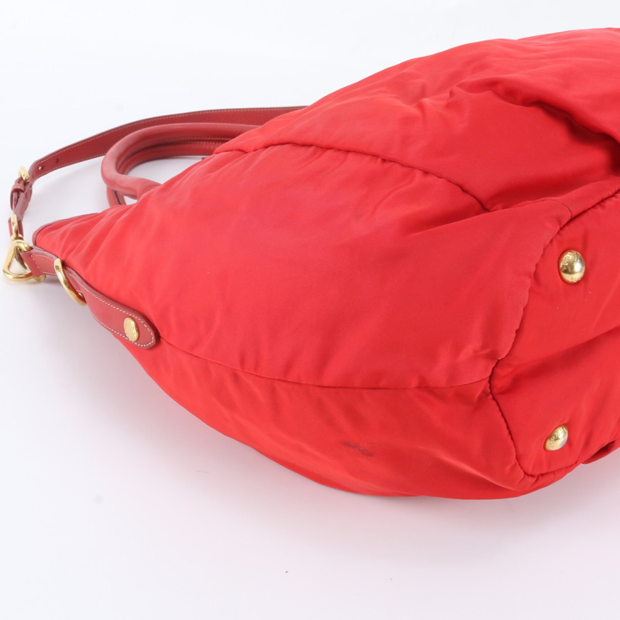 Prada Red Color Nylon Leather Shoulder Bag Tote Bag (Pre-Owned)