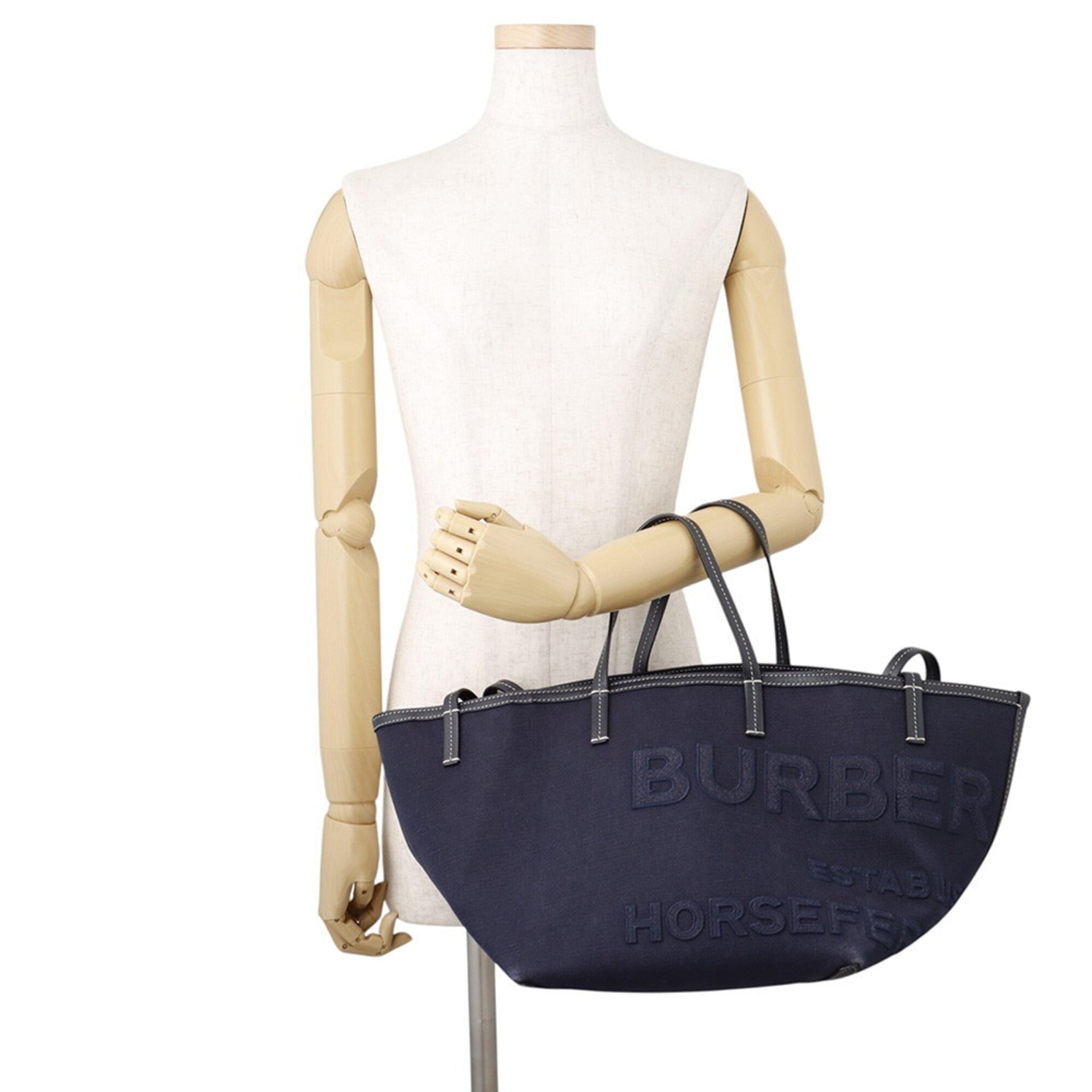 Burberry Navy Black Canvas Leather Handbag Tote Bag (Pre-Owned)