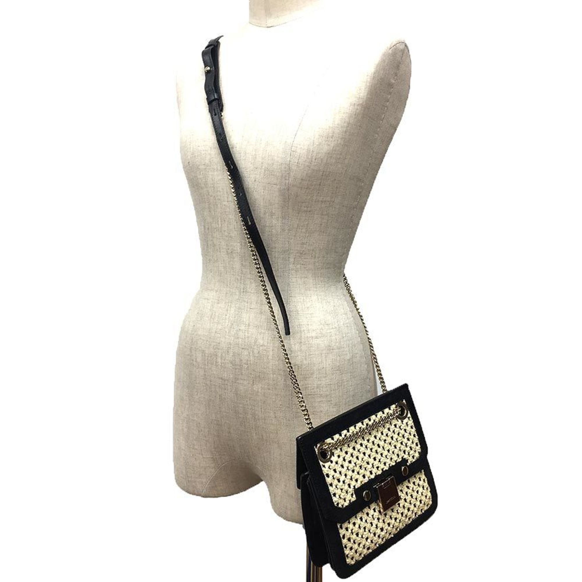 Jimmy Choo Beige Black Leather Straw Shoulder Bag (Pre-Owned)