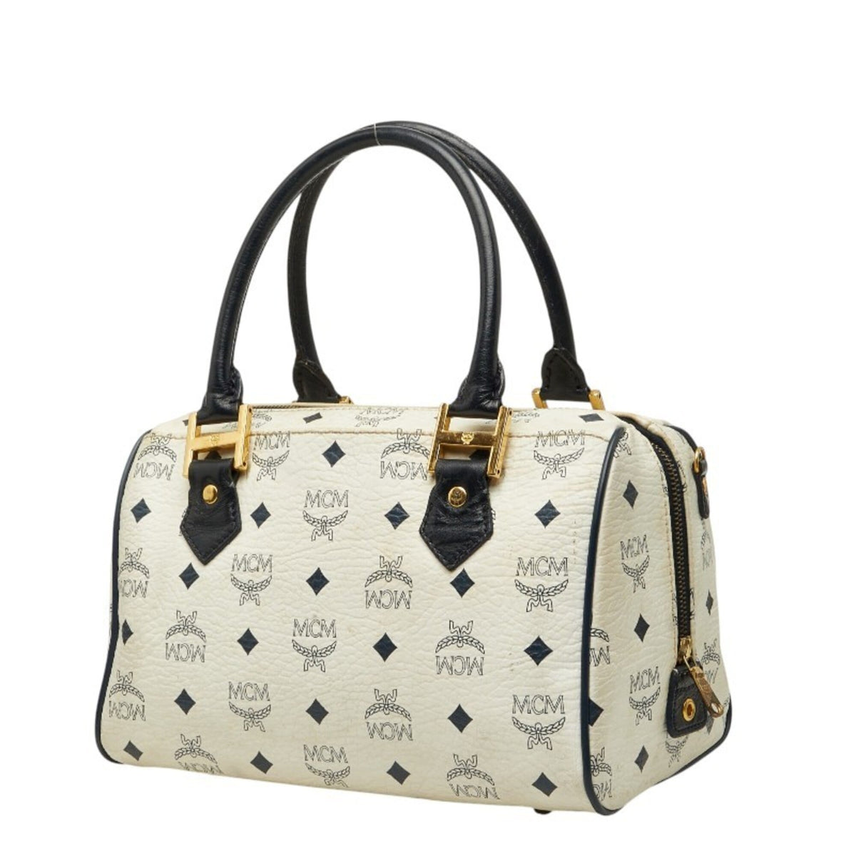 Mcm Gold Navy White Pvc Leather Boston Bag Handbag (Pre-Owned)