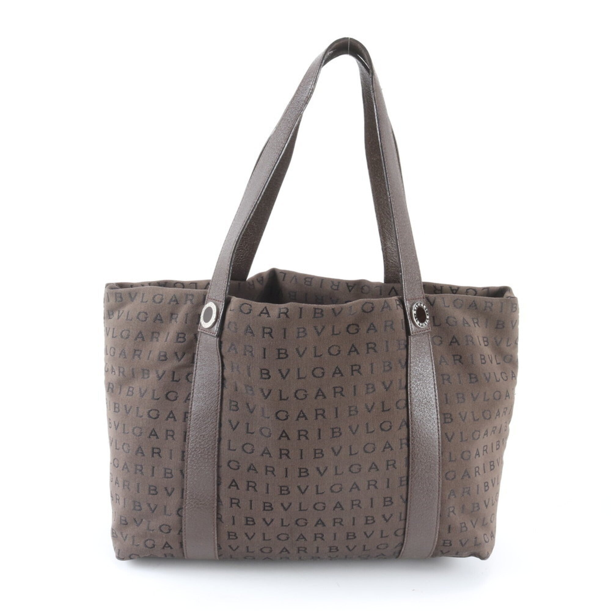 Bvlgari Brown Leather Canvas Shoulder Bag Tote Bag (Pre-Owned)