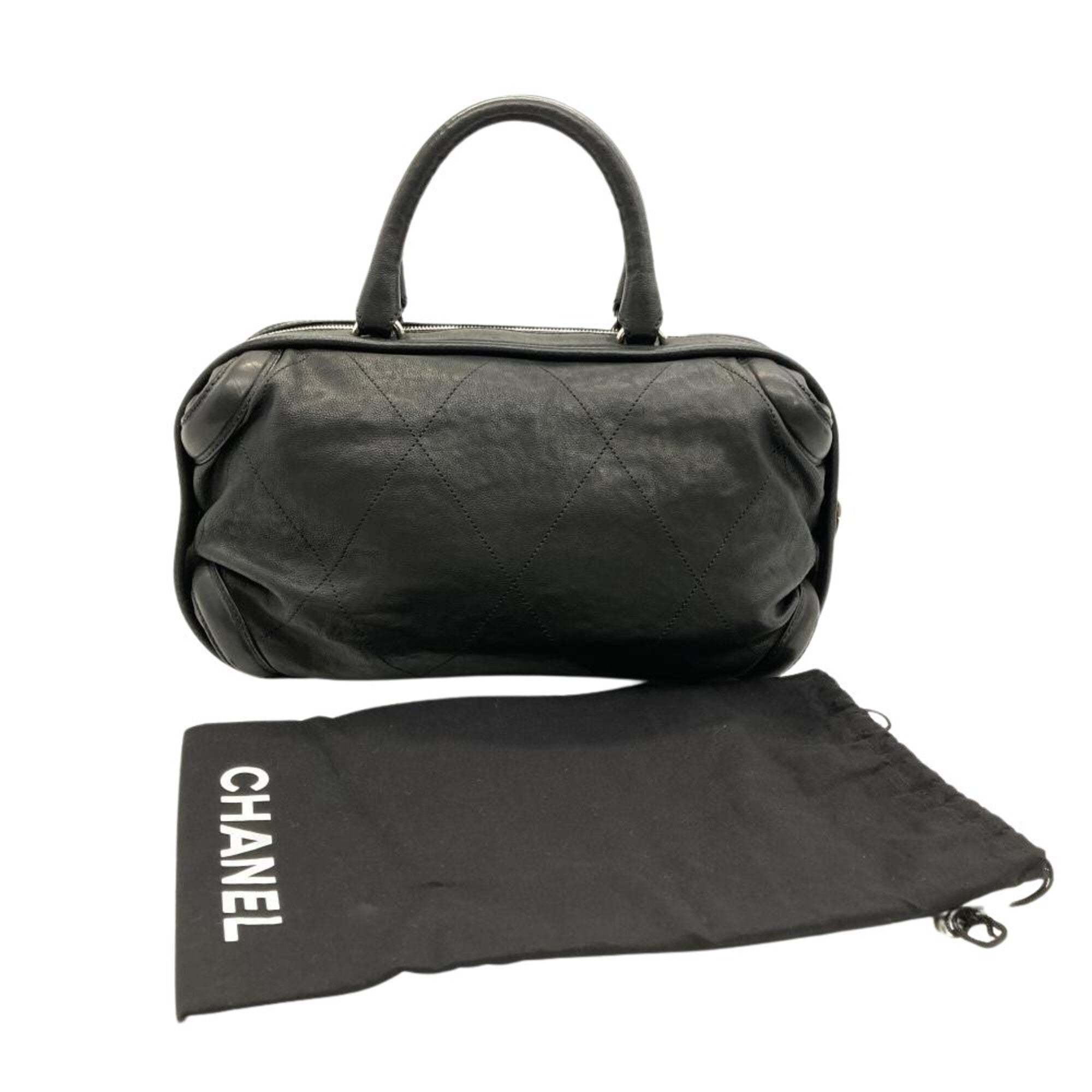 Chanel Black Leather Boston Bag Handbag (Pre-Owned)