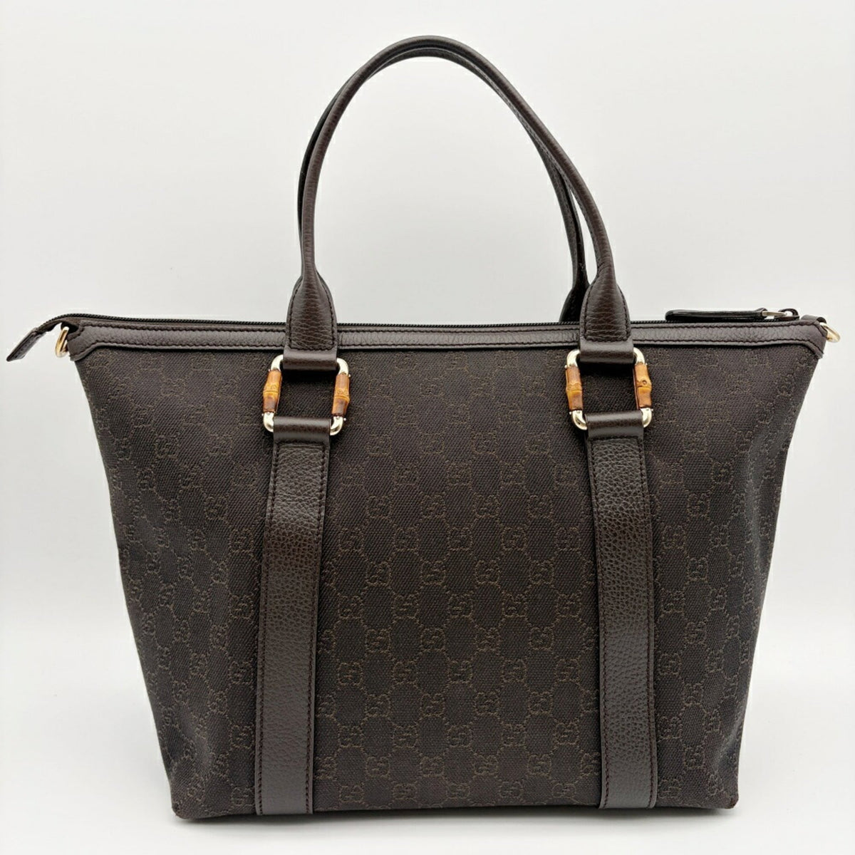Gucci Dark Brown Canvas Bamboo Leather Tote Bag (Pre-Owned)